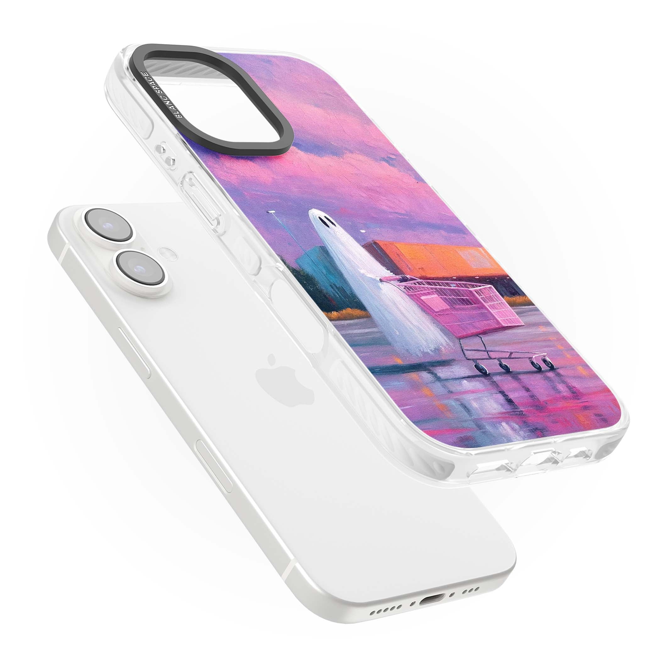 A Ghost's Errand ghost halloween iPhone case featuring a painted ghost, pink shopping trolley and purple sunset sky | Impact Magsafe case for iPhone 16, iPhone 16 Plus