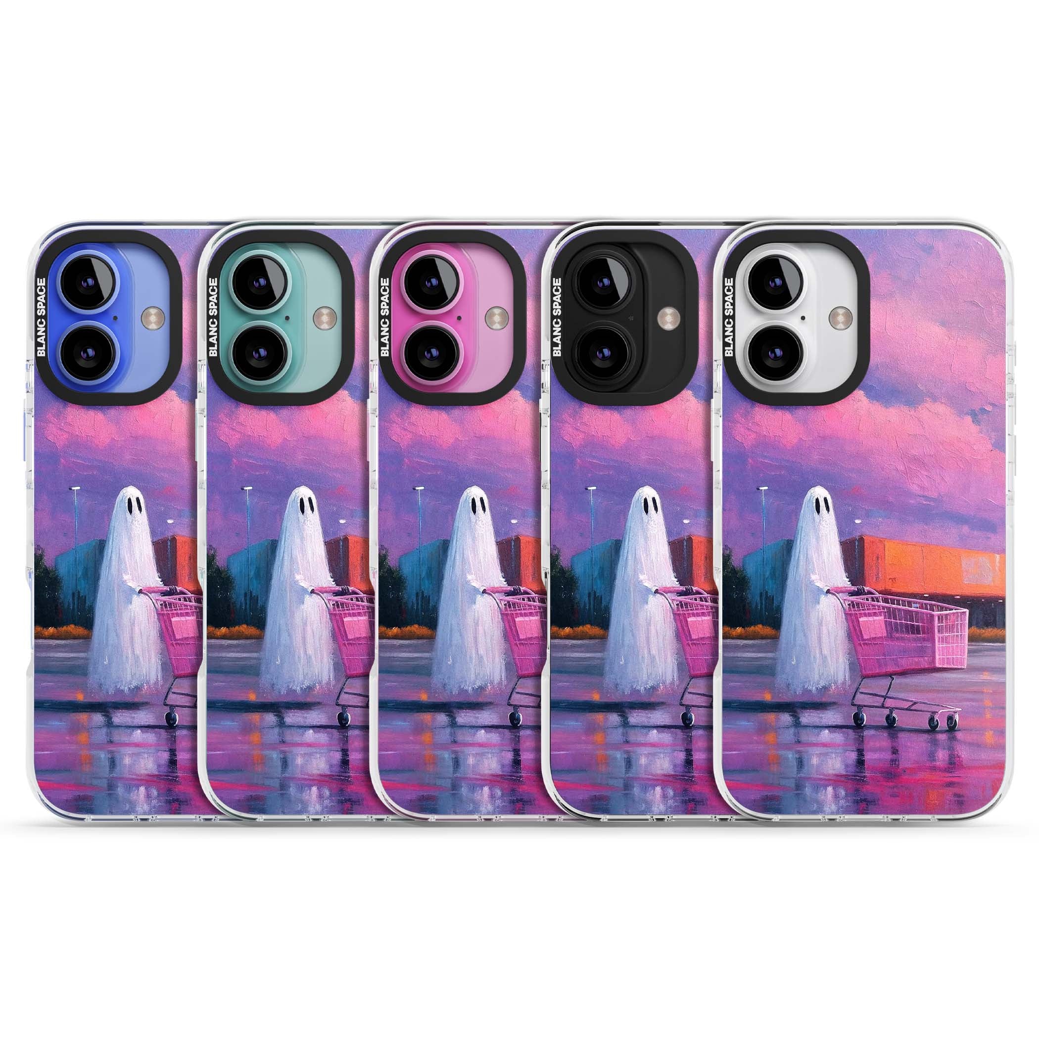 A Ghost's Errand ghost halloween iPhone case featuring a painted ghost, pink shopping trolley and purple sunset sky | Impact Magsafe case for iPhone 16, iPhone 16 Plus