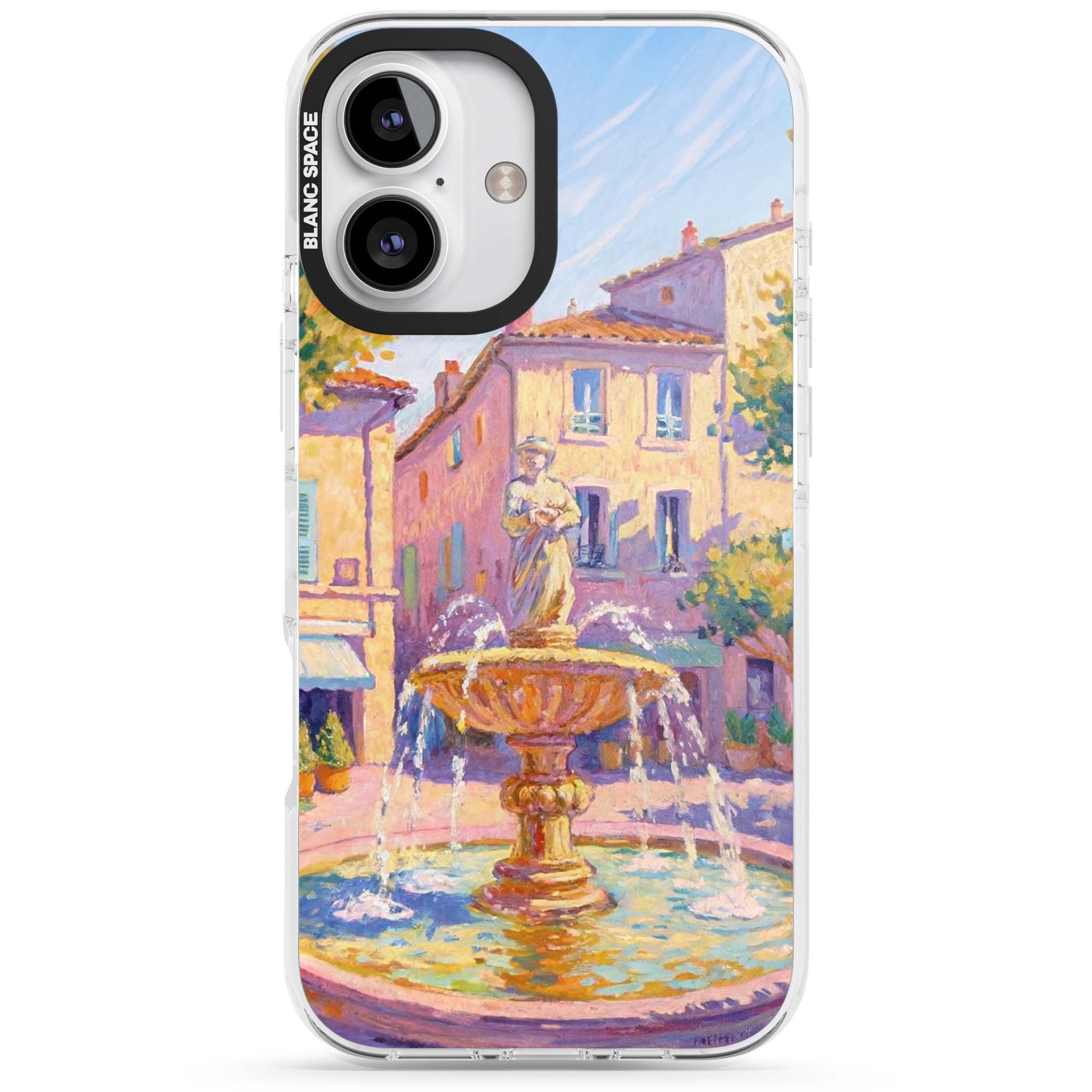 Fountain Square fine art iPhone case featuring an impressionist Provençal fountain, pastel village buildings and summe | Impact Magsafe case for iPhone 16, iPhone 16 Plus