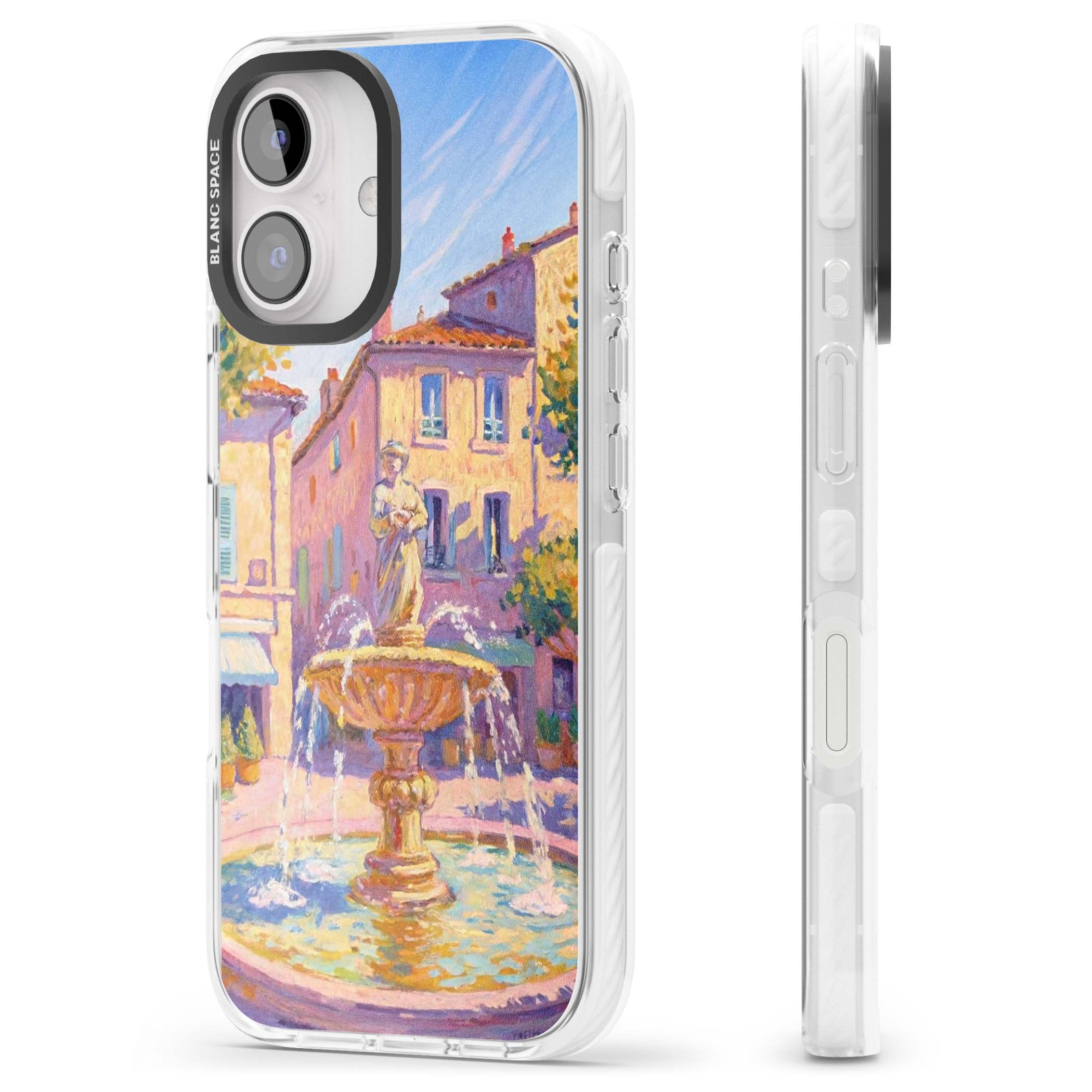 Fountain Square fine art iPhone case featuring an impressionist Provençal fountain, pastel village buildings and summe | Impact Magsafe case for iPhone 16, iPhone 16 Plus