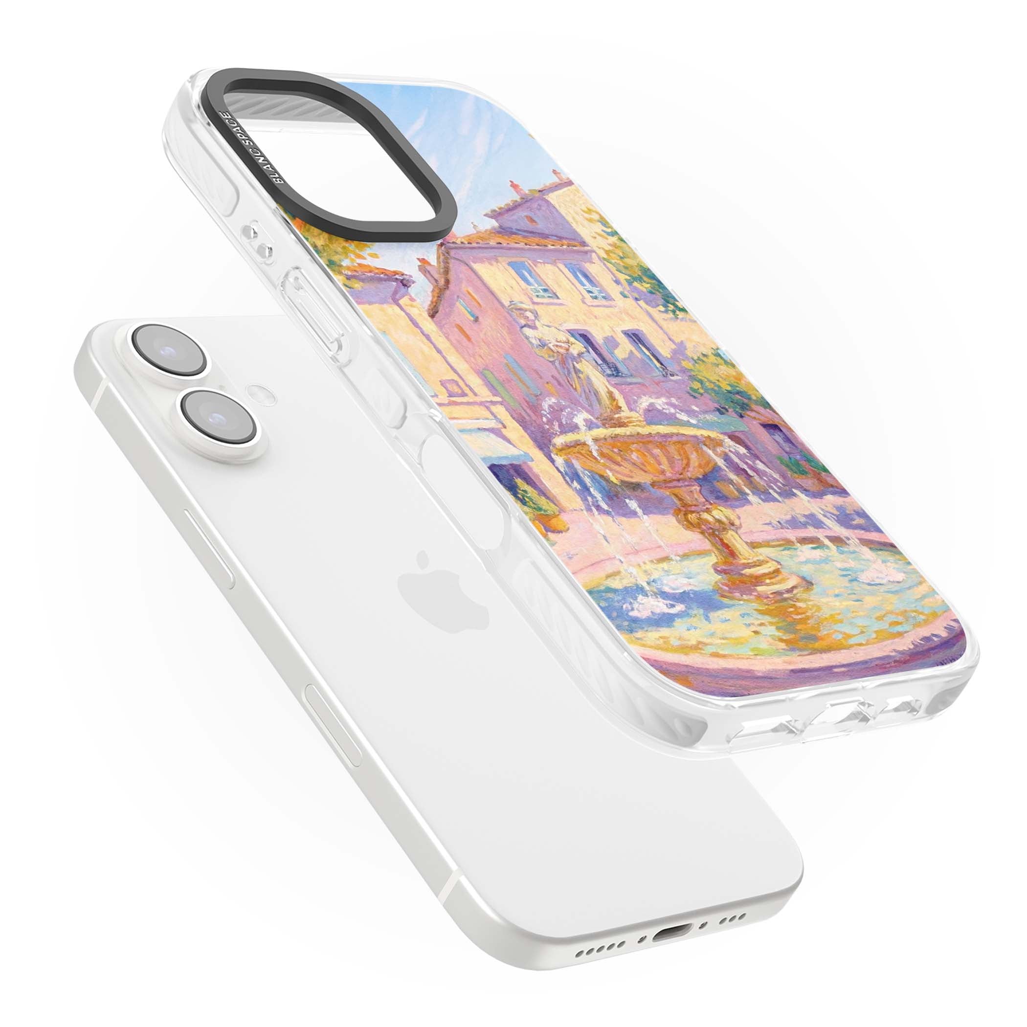Fountain Square fine art iPhone case featuring an impressionist Provençal fountain, pastel village buildings and summe | Impact Magsafe case for iPhone 16, iPhone 16 Plus