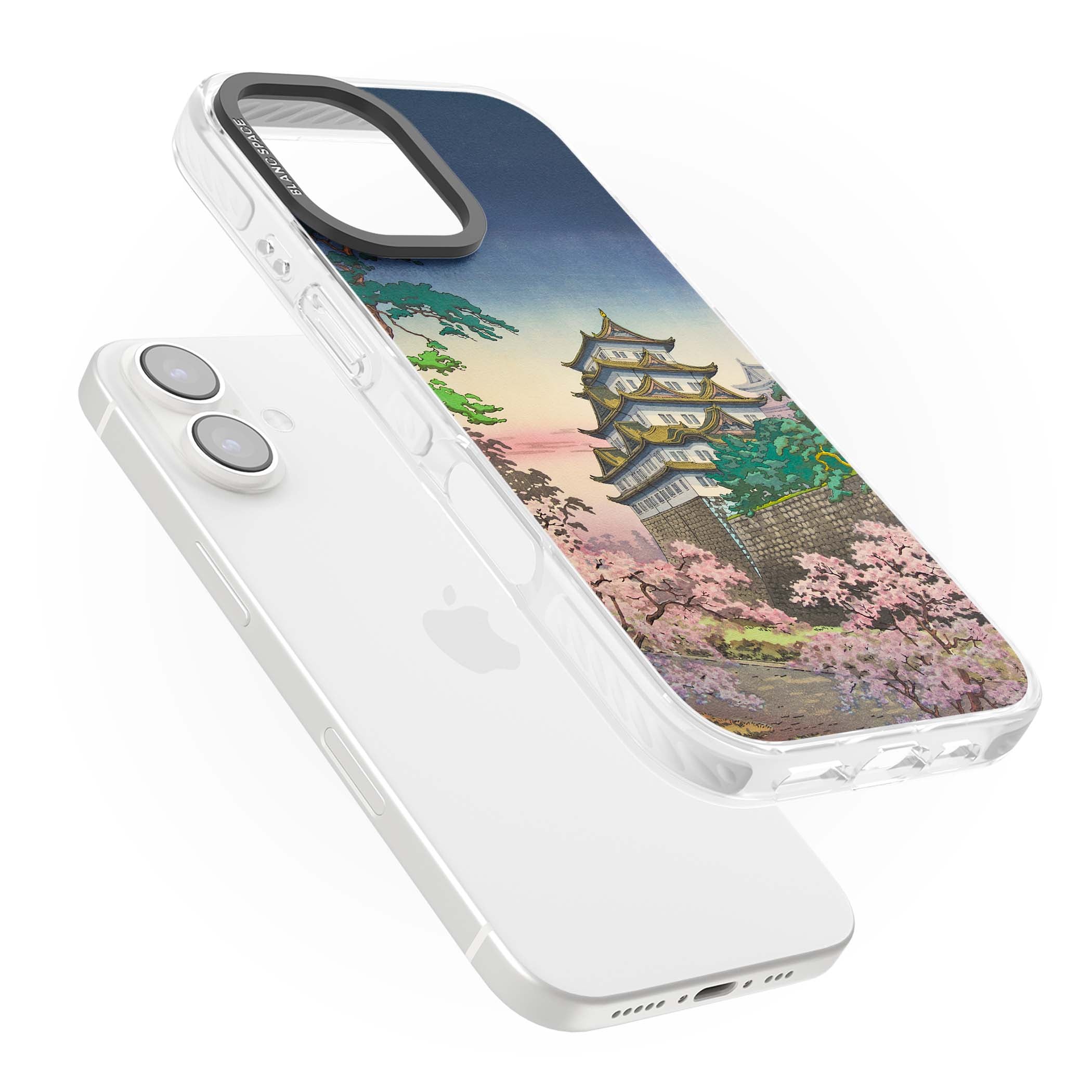 Nagoya Castle Japanese iPhone case featuring a vintage pagoda, twilight sky and cherry blossom trees | Impact Magsafe case for iPhone 16, iPhone 16 Plus