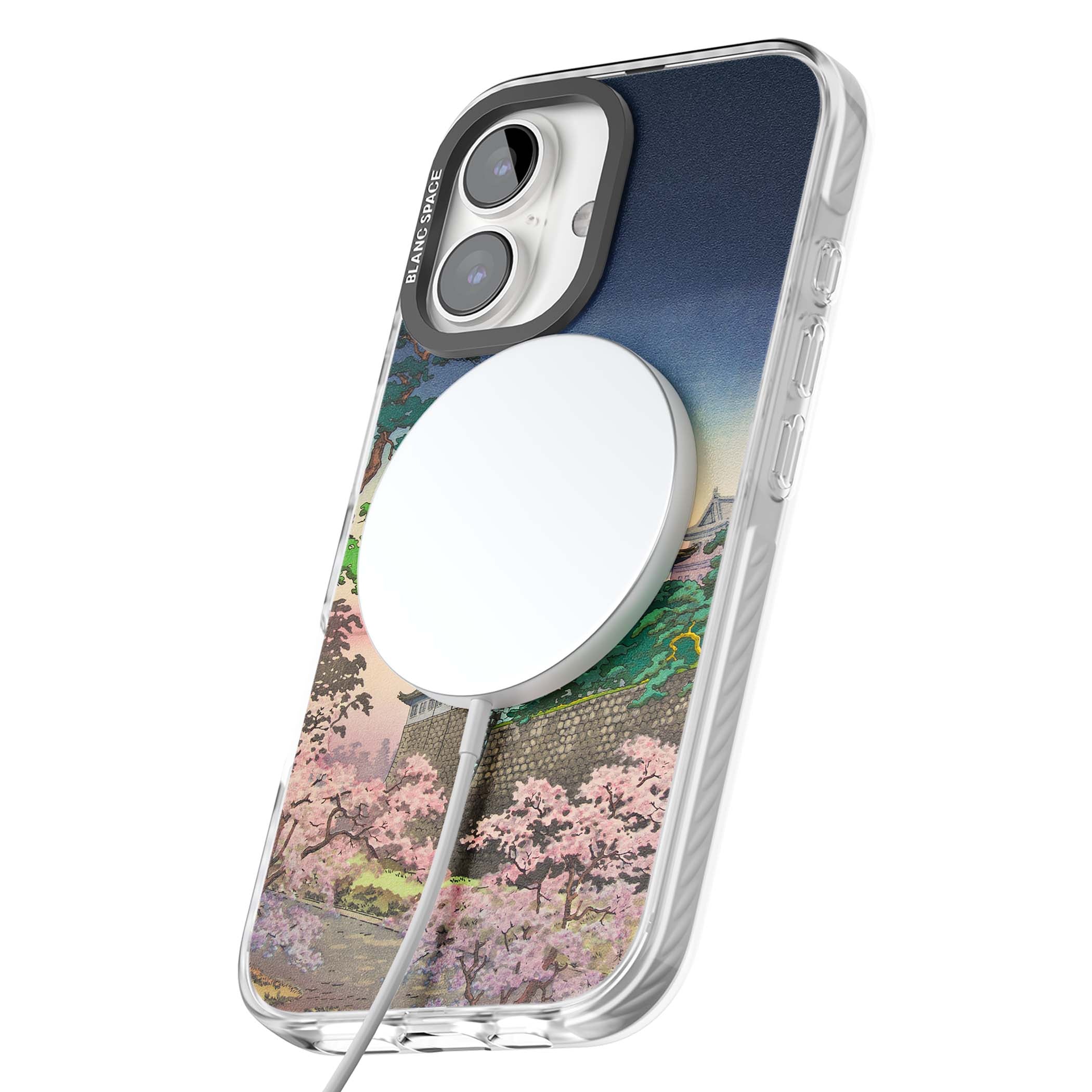 Nagoya Castle Japanese iPhone case featuring a vintage pagoda, twilight sky and cherry blossom trees | Impact Magsafe case for iPhone 16, iPhone 16 Plus