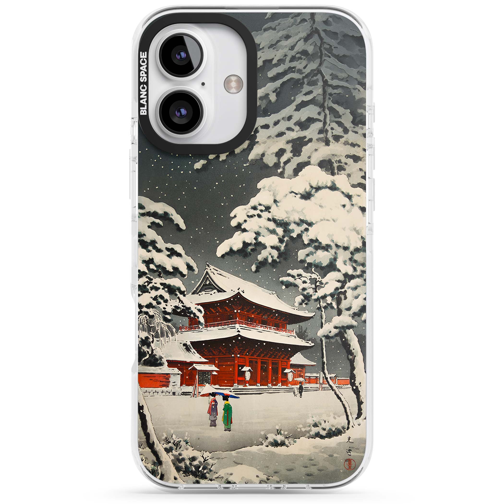 Snow at Shiha Park, Tokyo Japanese art iPhone case featuring a vintage ukiyo-e snowy temple, red pagoda, and snow-covered pin | Impact Magsafe case for iPhone 16, iPhone 16 Plus