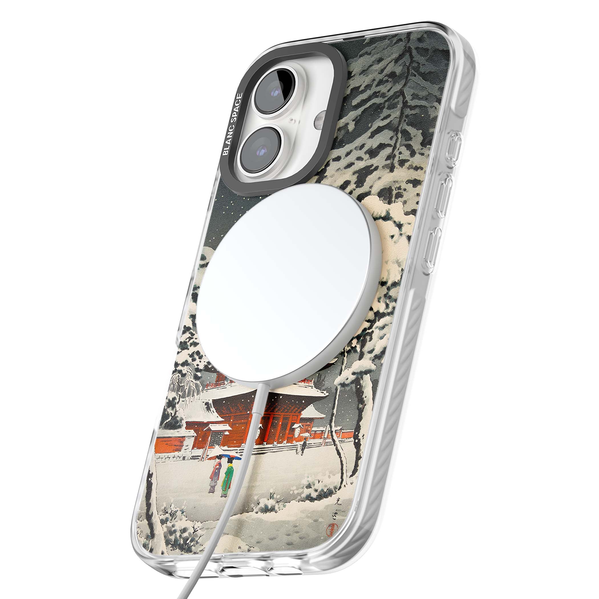 Snow at Shiha Park, Tokyo Japanese art iPhone case featuring a vintage ukiyo-e snowy temple, red pagoda, and snow-covered pin | Impact Magsafe case for iPhone 16, iPhone 16 Plus