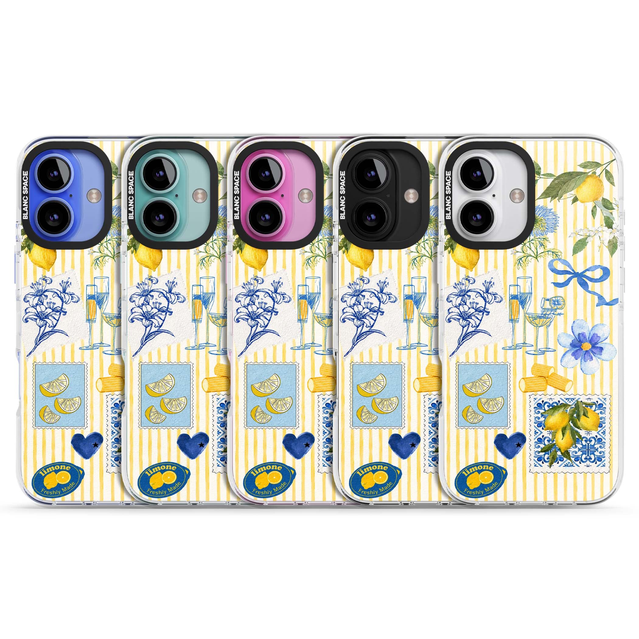 Limone Riviera Italian summer iPhone case featuring watercolour lemons, blue ribbon bows and majolica tile stamps on... | Impact Magsafe case for iPhone 16, iPhone 16 Plus