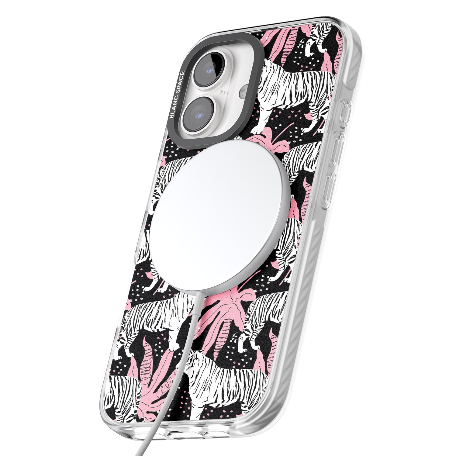 iPhone 16 Pro Max White Tigers on Black Pattern Black Impact Phone Case