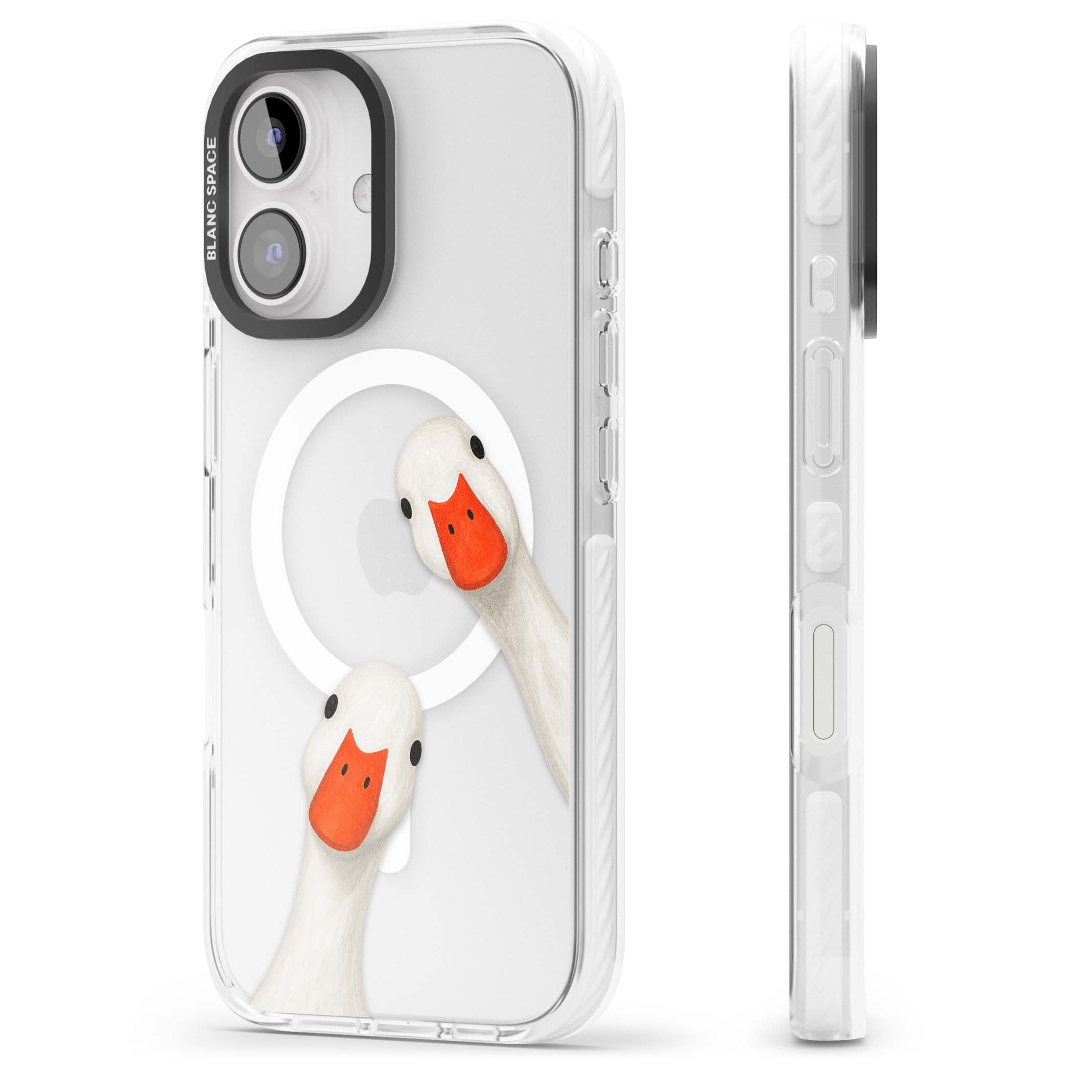 Nosy Ducks cottagecore iPhone case featuring two peeking white ducks with orange beaks on a clear background | Impact Magsafe case for iPhone 16, iPhone 16 Plus