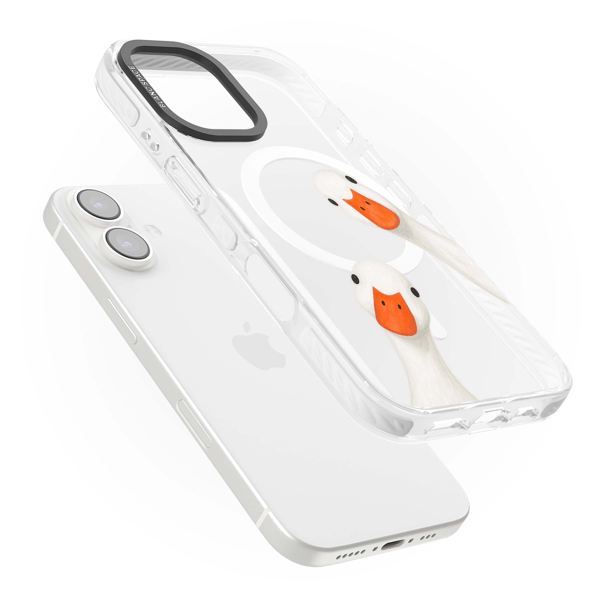 Nosy Ducks cottagecore iPhone case featuring two peeking white ducks with orange beaks on a clear background | Impact Magsafe case for iPhone 16, iPhone 16 Plus