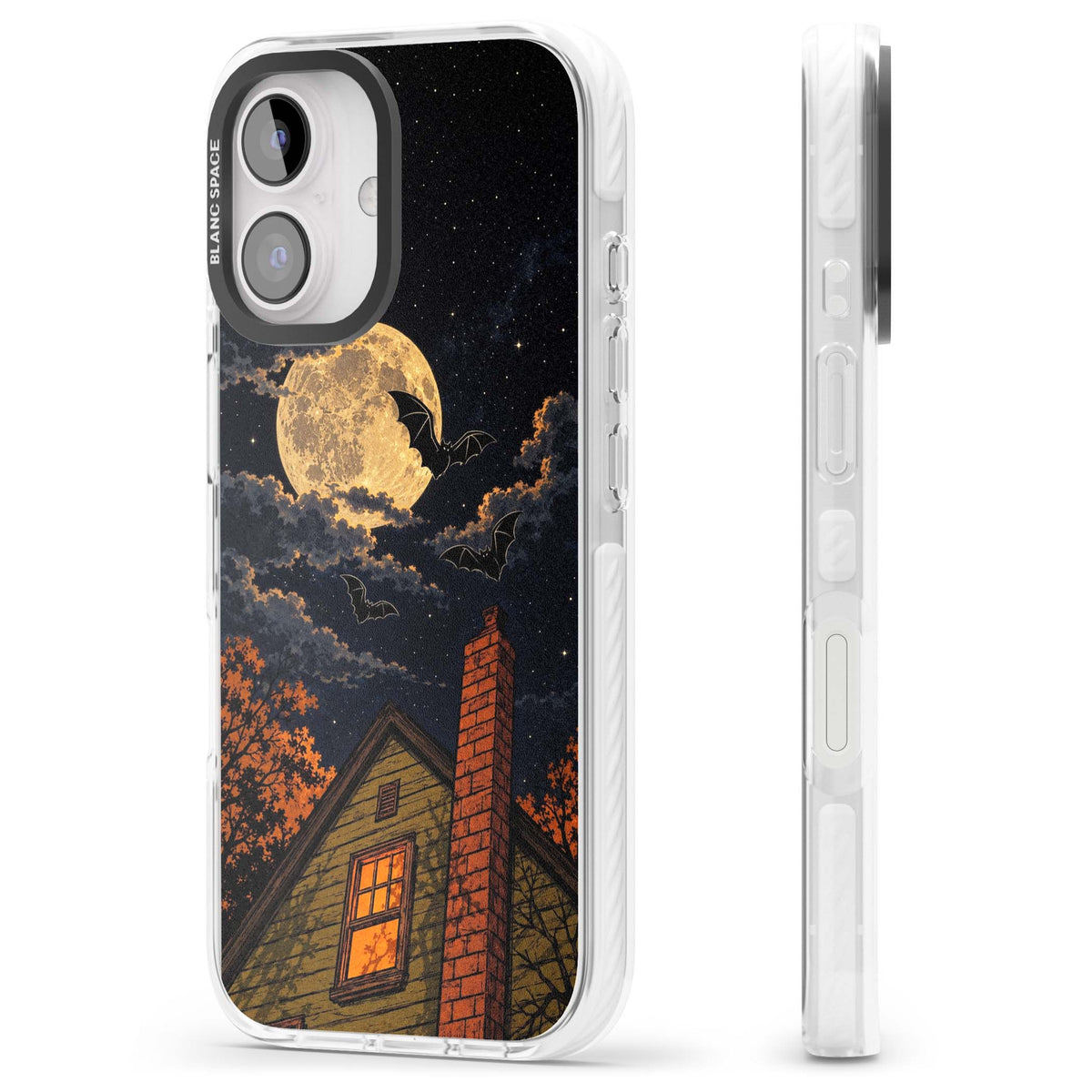 Hollows Eve Halloween iPhone case featuring a haunted house, full moon and flying bats against a starry autumn sky | Impact Magsafe case for iPhone 16, iPhone 16 Plus