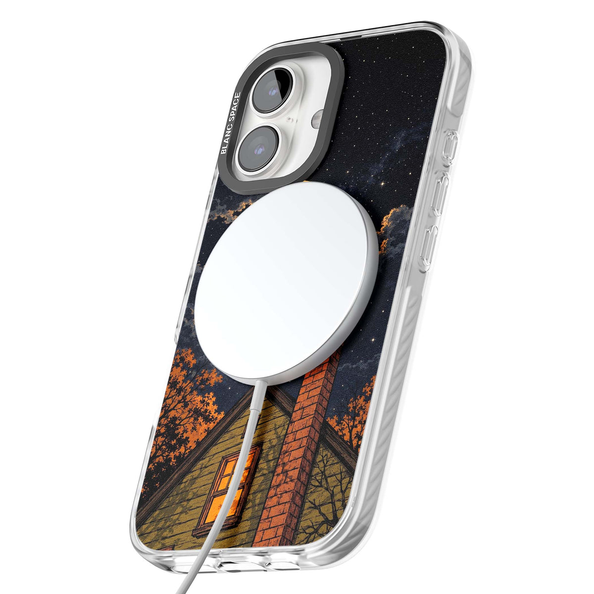 Hollows Eve Halloween iPhone case featuring a haunted house, full moon and flying bats against a starry autumn sky | Impact Magsafe case for iPhone 16, iPhone 16 Plus