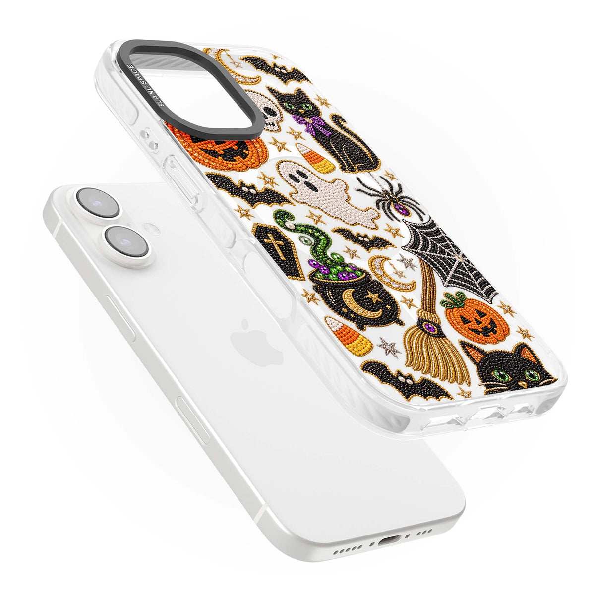 Beaded Halloween Halloween iPhone case featuring beaded pumpkins, ghosts, black cats and bats | Impact Magsafe case for iPhone 16, iPhone 16 Plus