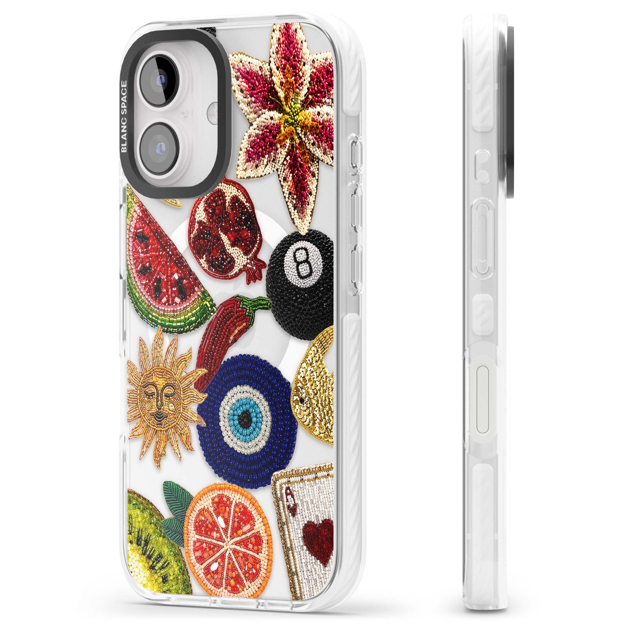 Beaded Charms embroidery iPhone case featuring beaded evil eye, fruit patches and a golden sun motif | Impact Magsafe case for iPhone 16, iPhone 16 Plus