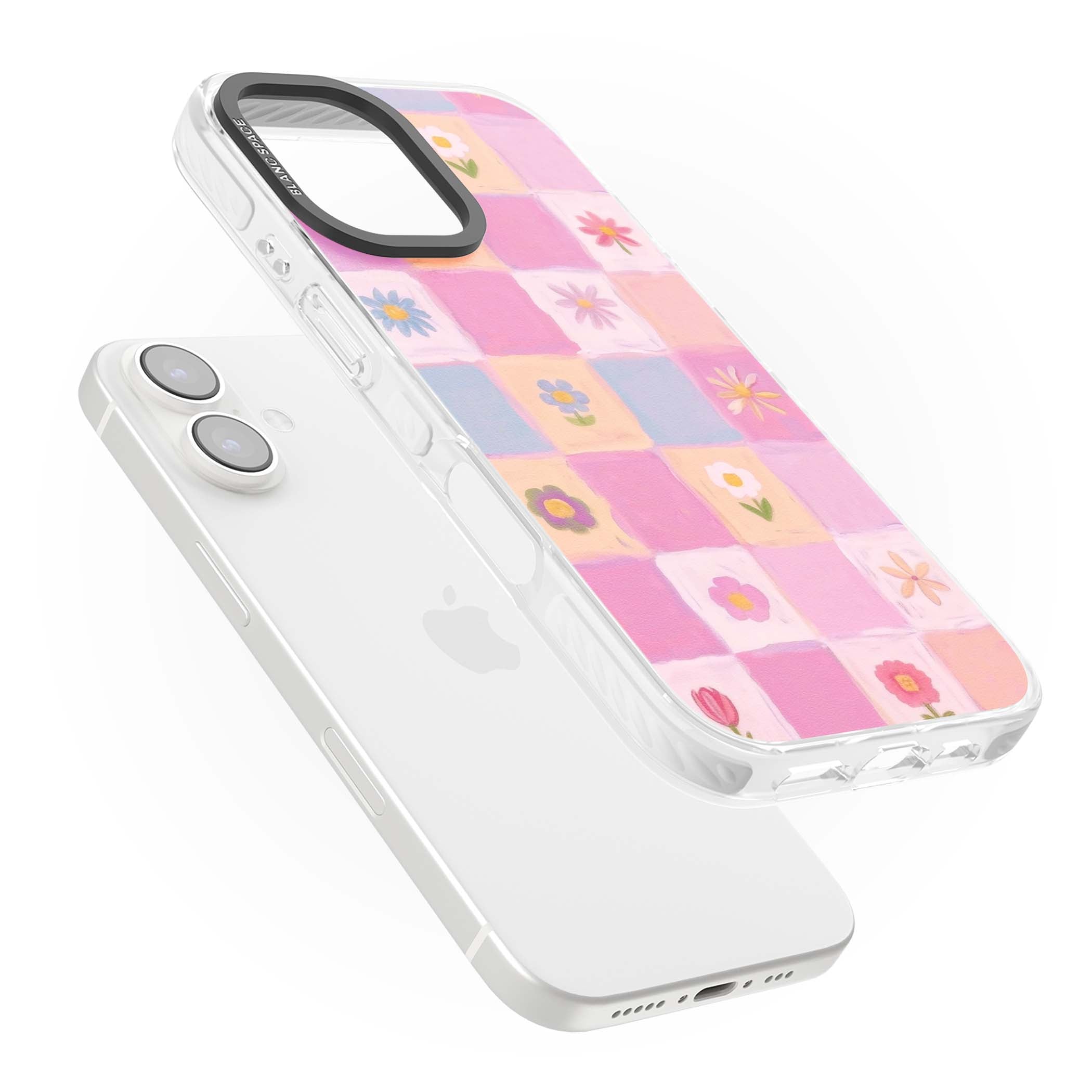 Pastel Flower Patchwork cottagecore iPhone case featuring painted pink and lilac squares with daisies and wildflowers | Impact Magsafe case for iPhone 16, iPhone 16 Plus