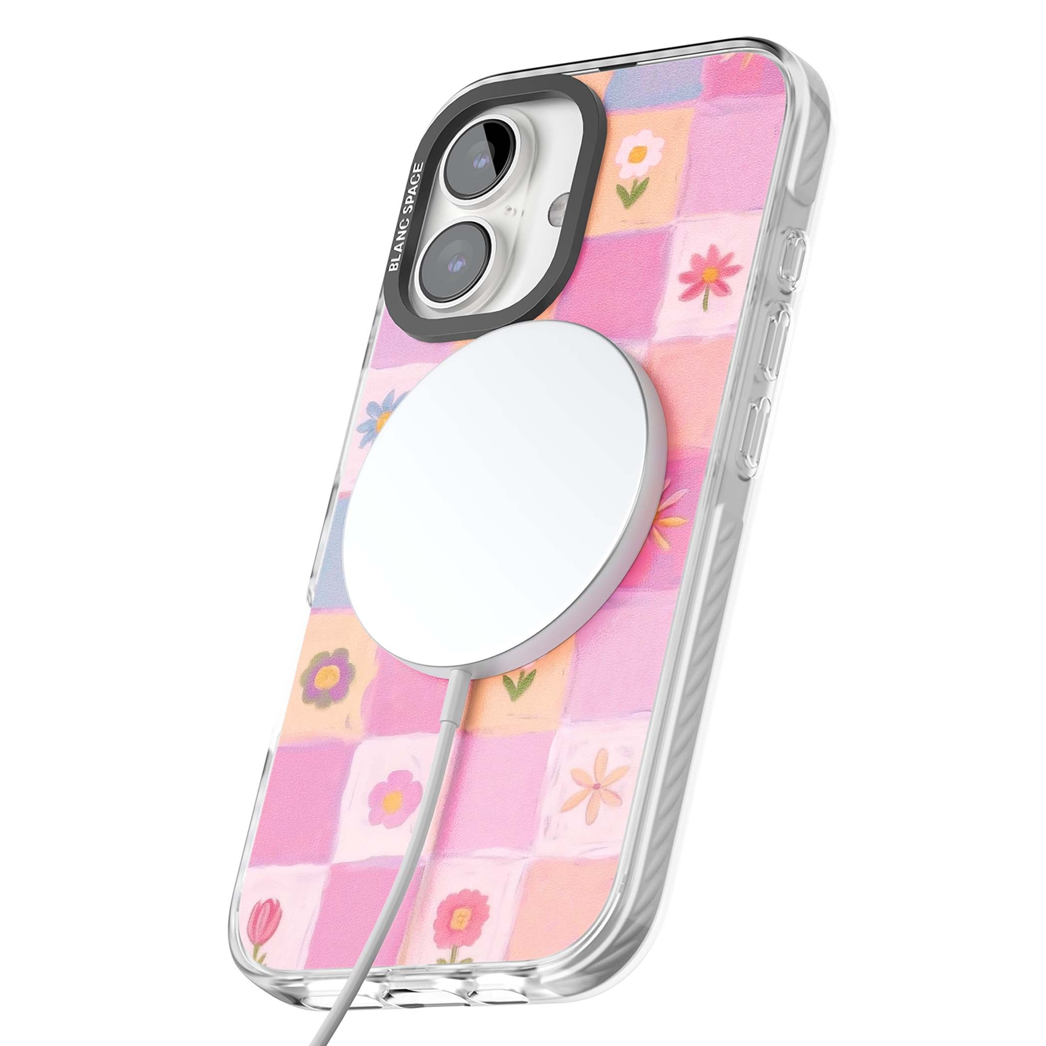 Pastel Flower Patchwork cottagecore iPhone case featuring painted pink and lilac squares with daisies and wildflowers | Impact Magsafe case for iPhone 16, iPhone 16 Plus