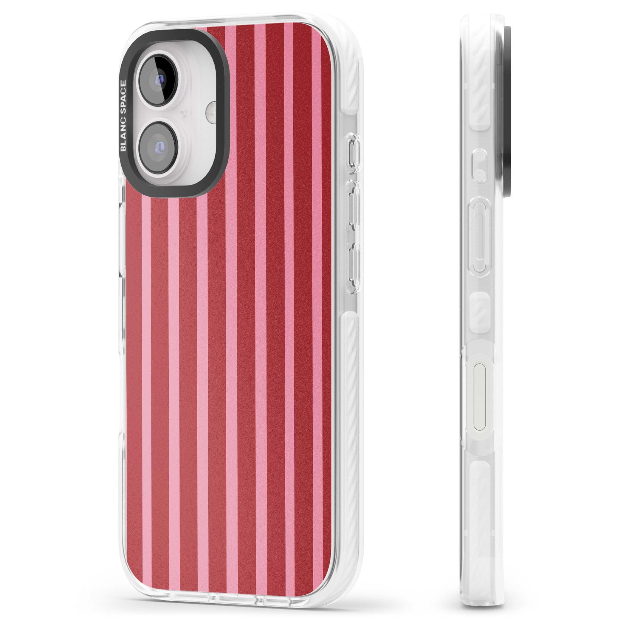 Raspberry Stripe coquette iPhone case featuring red and pink vertical stripes in a candy-inspired pattern | Impact Magsafe case for iPhone 16, iPhone 16 Plus
