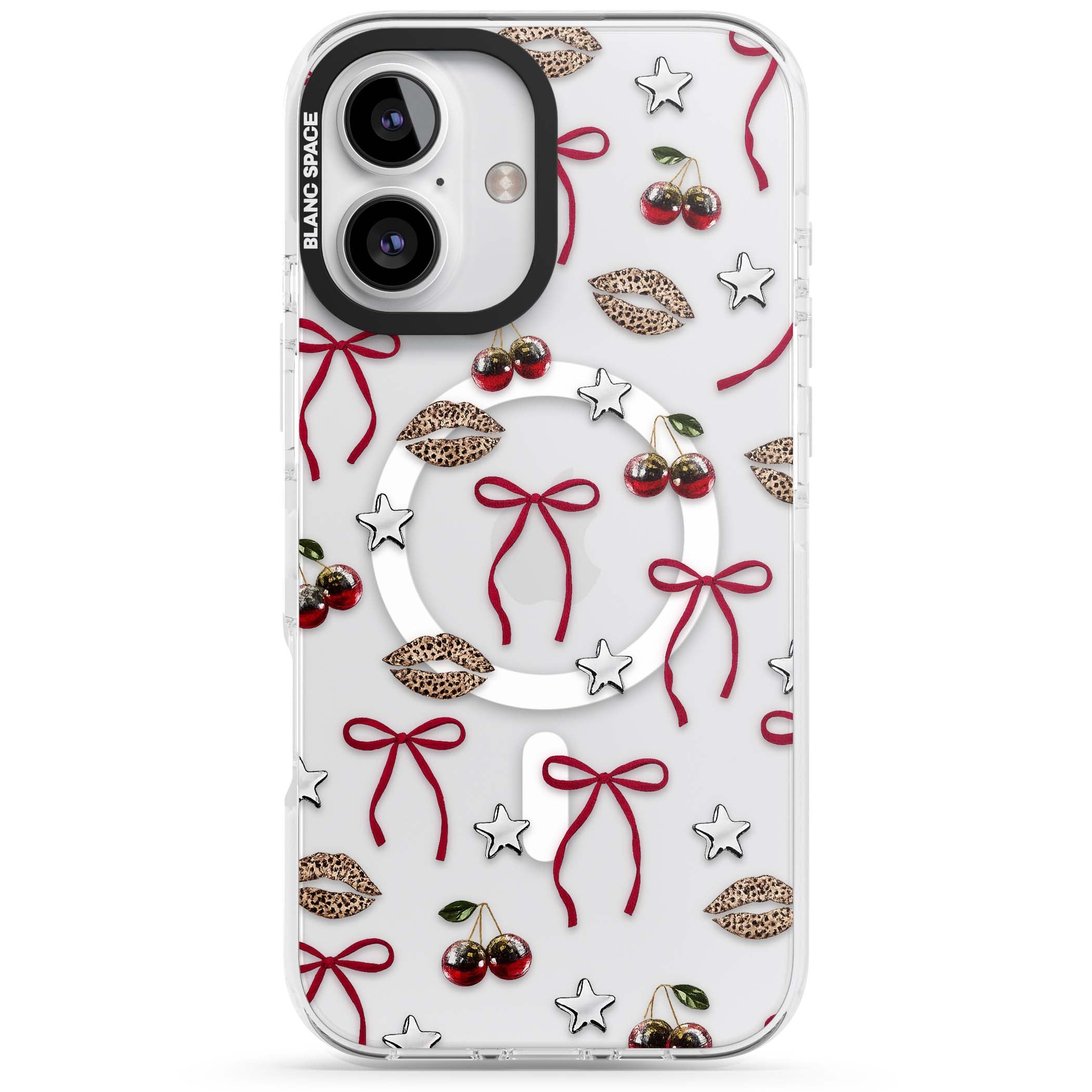 Starlet coquette iPhone case featuring red ribbon bows, disco cherries and leopard-print lips | Impact Magsafe case for iPhone 16, iPhone 16 Plus