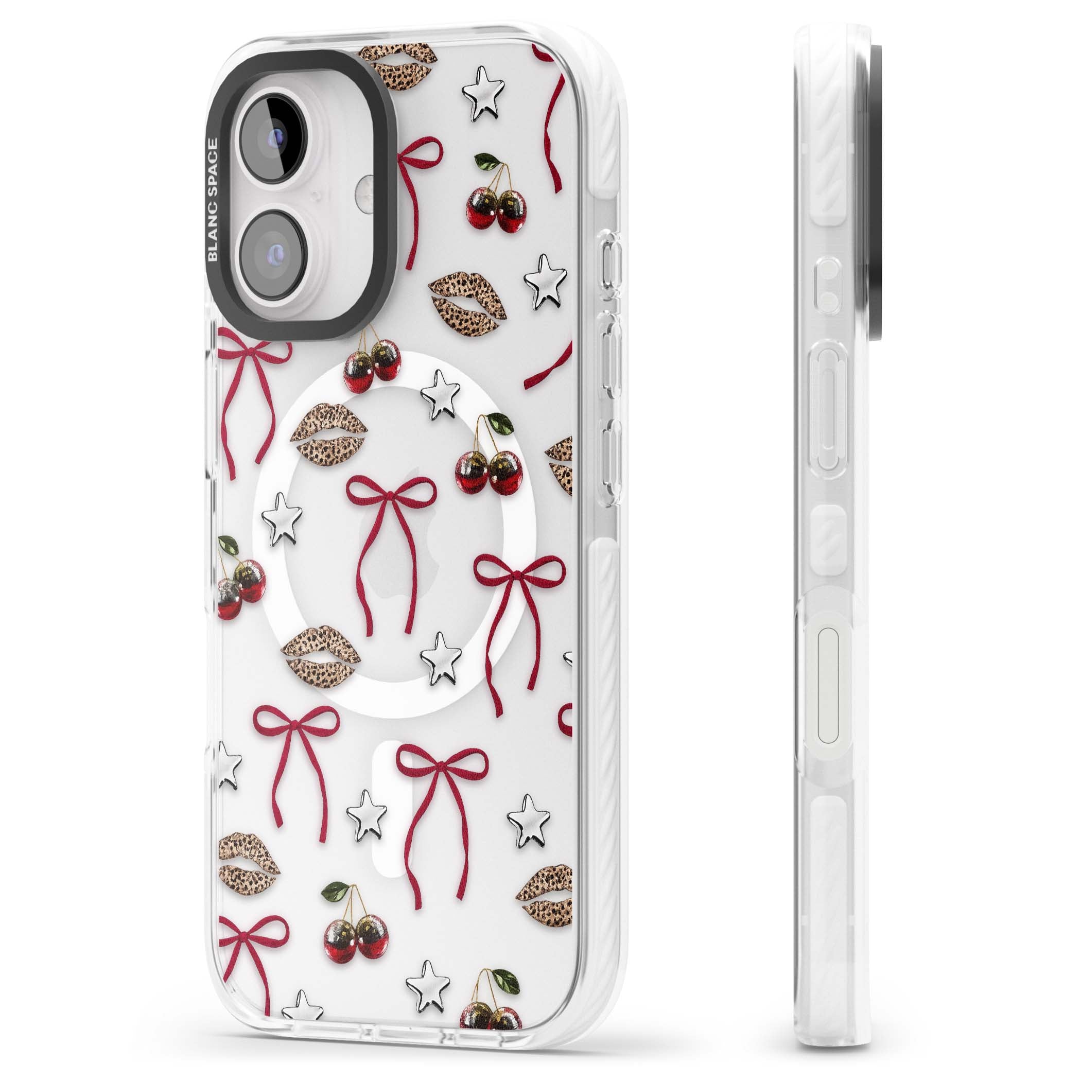 Starlet coquette iPhone case featuring red ribbon bows, disco cherries and leopard-print lips | Impact Magsafe case for iPhone 16, iPhone 16 Plus
