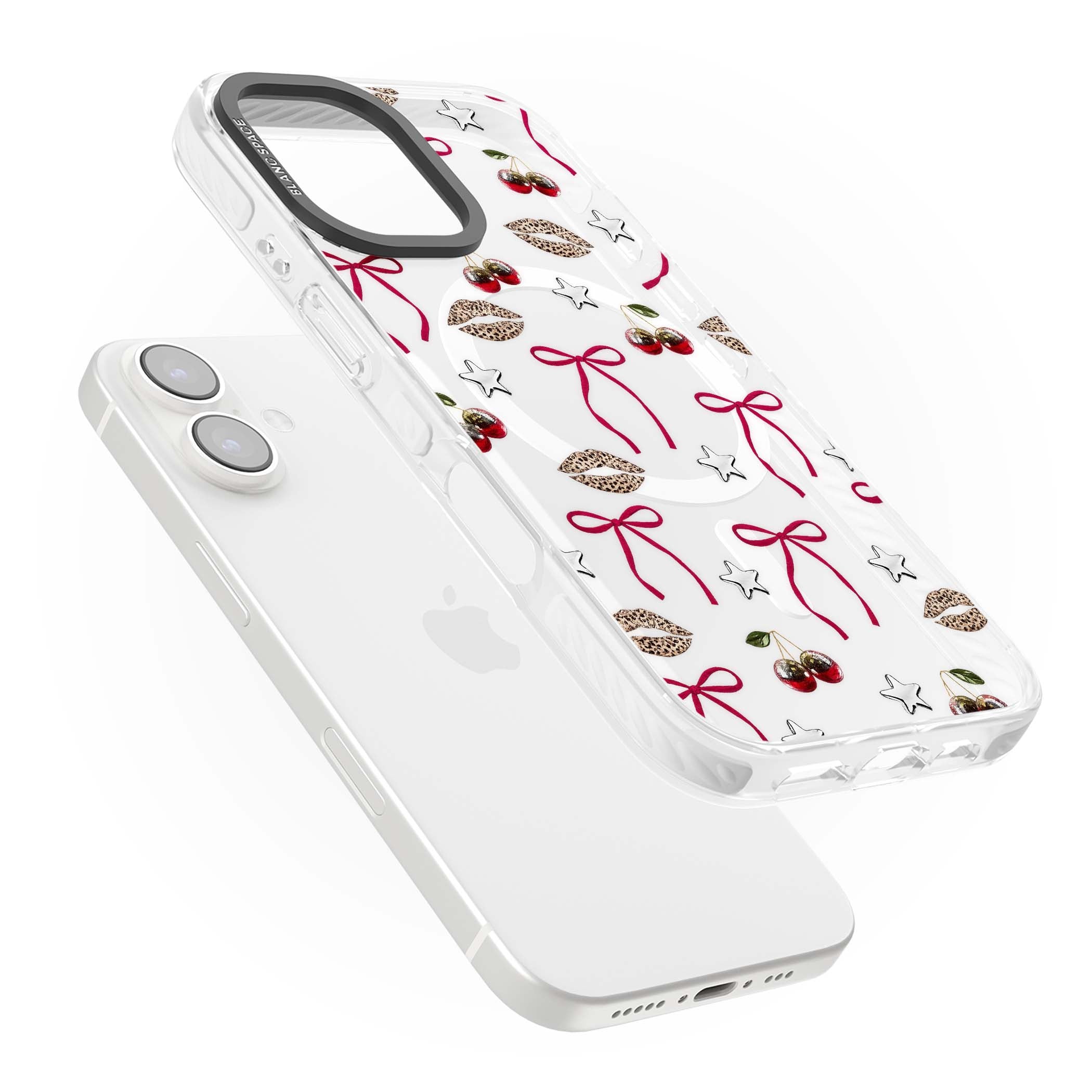 Starlet coquette iPhone case featuring red ribbon bows, disco cherries and leopard-print lips | Impact Magsafe case for iPhone 16, iPhone 16 Plus