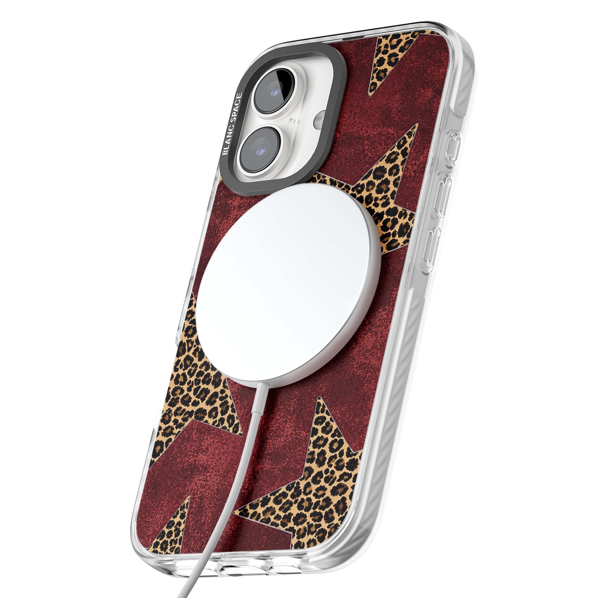 Showgirl leopard print iPhone case featuring cheetah print stars on distressed red grunge background | Impact Magsafe case for iPhone 16, iPhone 16 Plus
