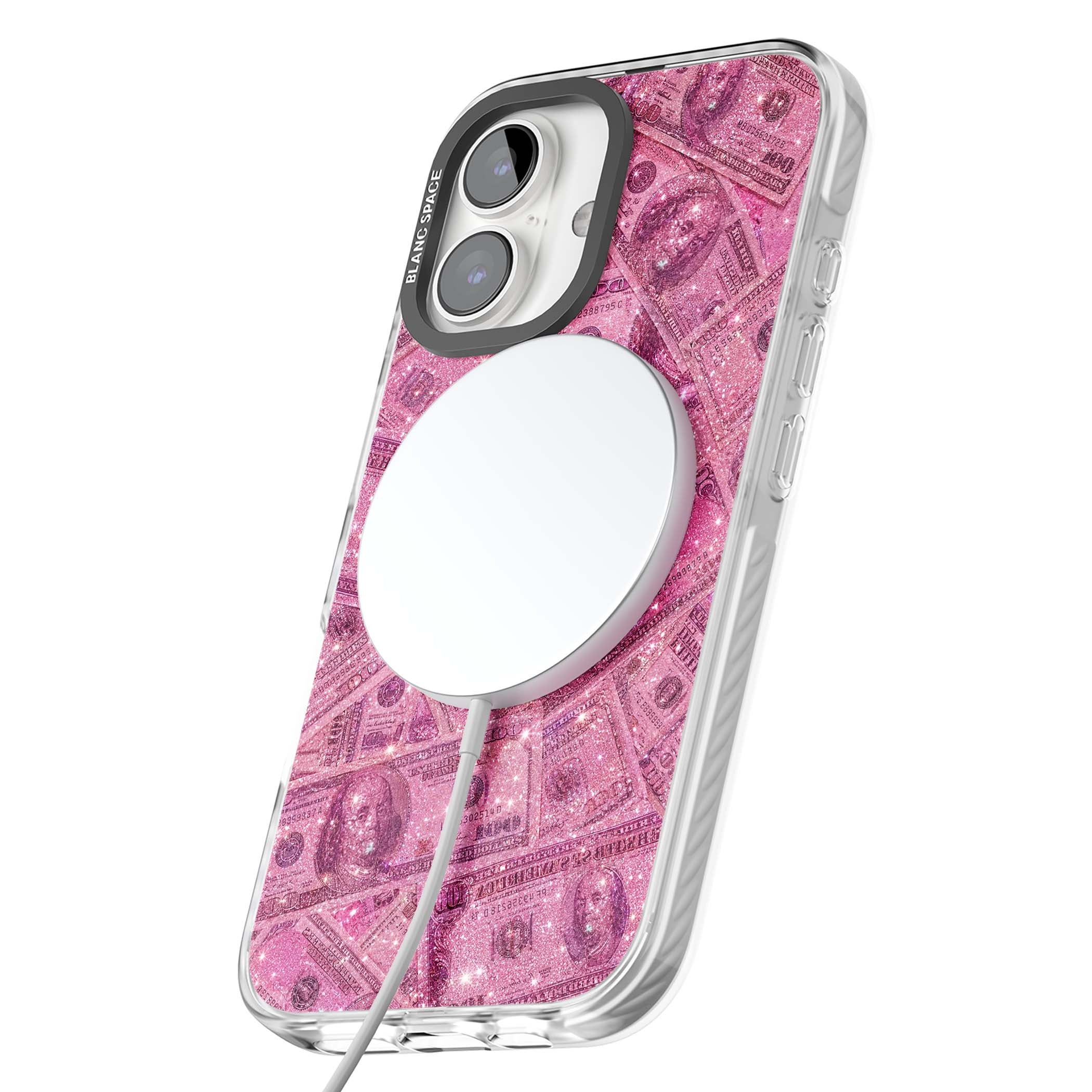 Glamorous baddie iPhone case featuring pink glitter hundred dollar bills and sparkling money wallpaper design | Impact Magsafe case for iPhone 16, iPhone 16 Plus