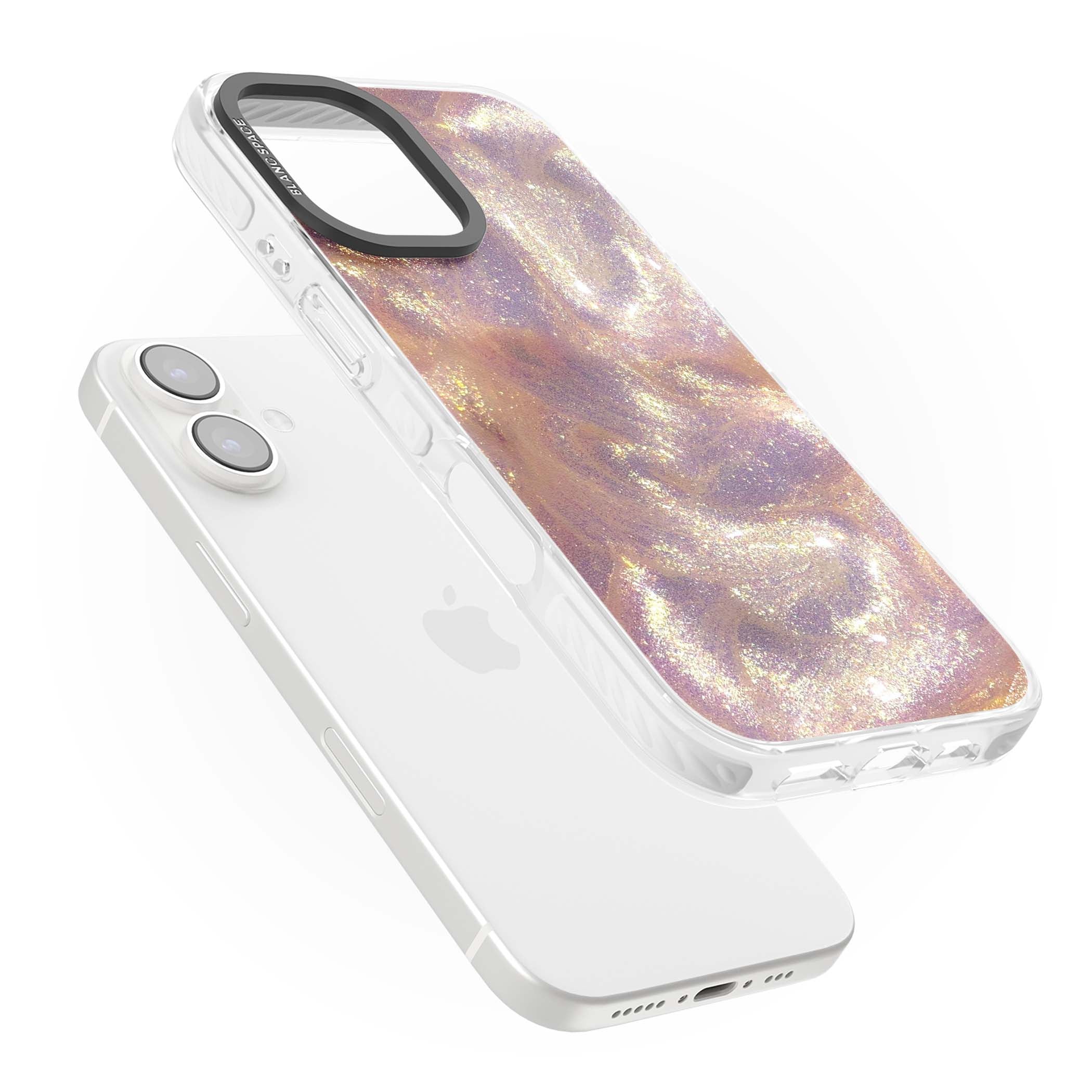 Shimmer marble iPhone case featuring rose gold glitter swirls, lilac shimmer and iridescent pearl finish | Impact Magsafe case for iPhone 16, iPhone 16 Plus