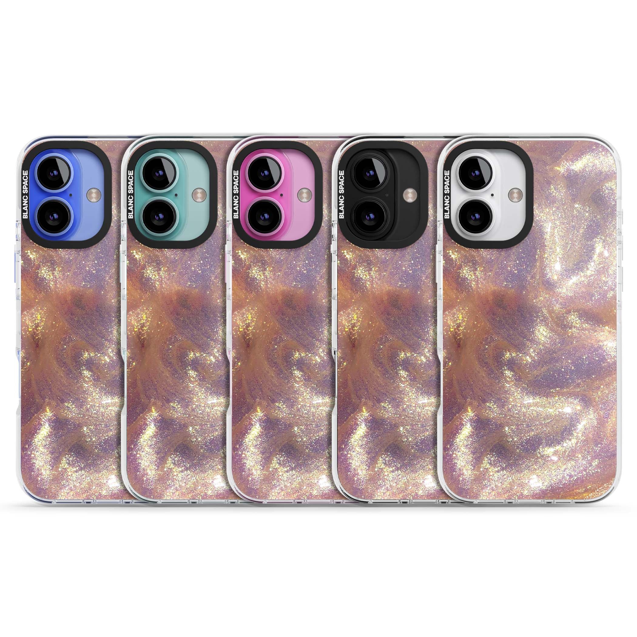 Shimmer marble iPhone case featuring rose gold glitter swirls, lilac shimmer and iridescent pearl finish | Impact Magsafe case for iPhone 16, iPhone 16 Plus