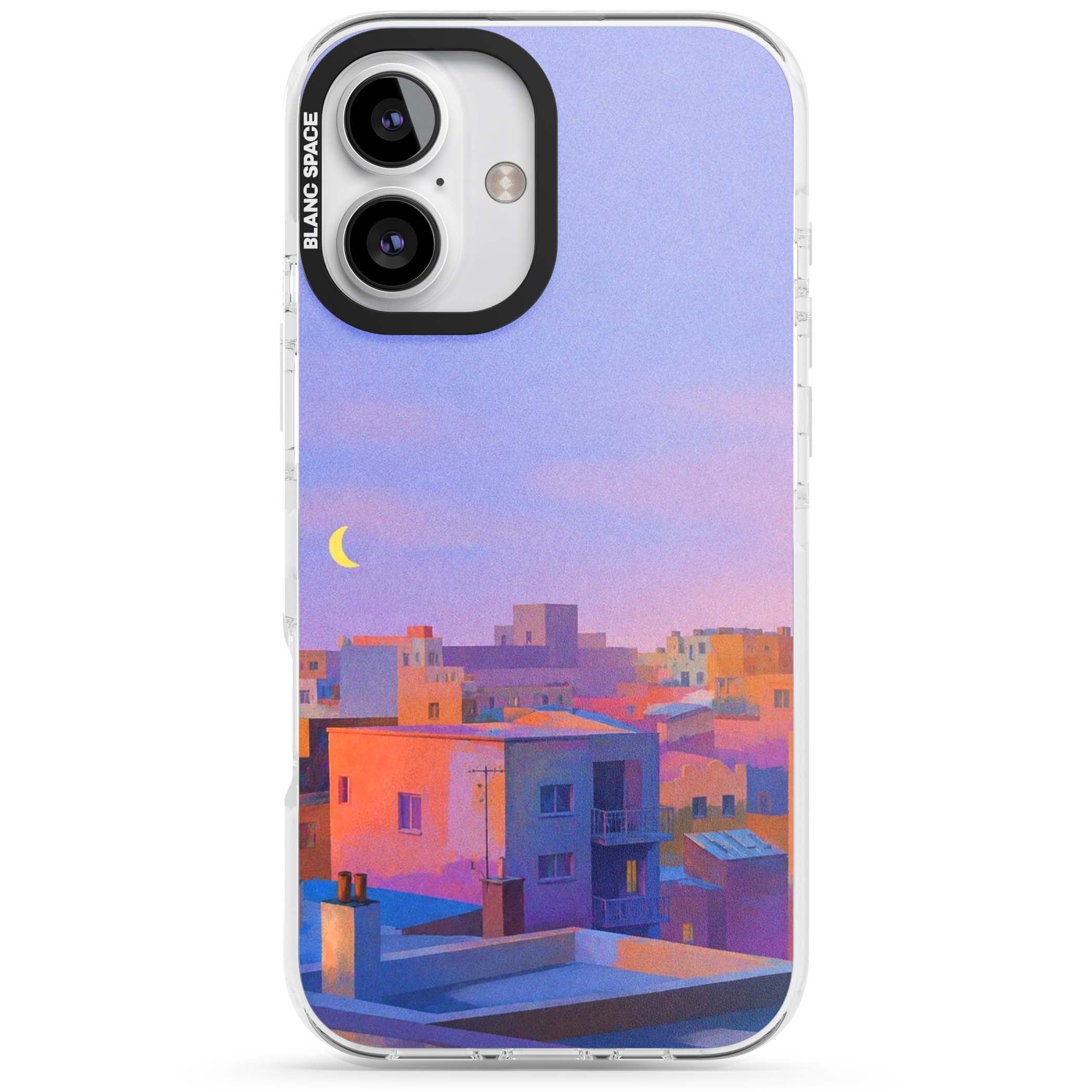 Twilight Rooftops vaporwave iPhone case featuring a pastel sunset cityscape, painted rooftops and a crescent moon. | Impact Magsafe case for iPhone 16, iPhone 16 Plus