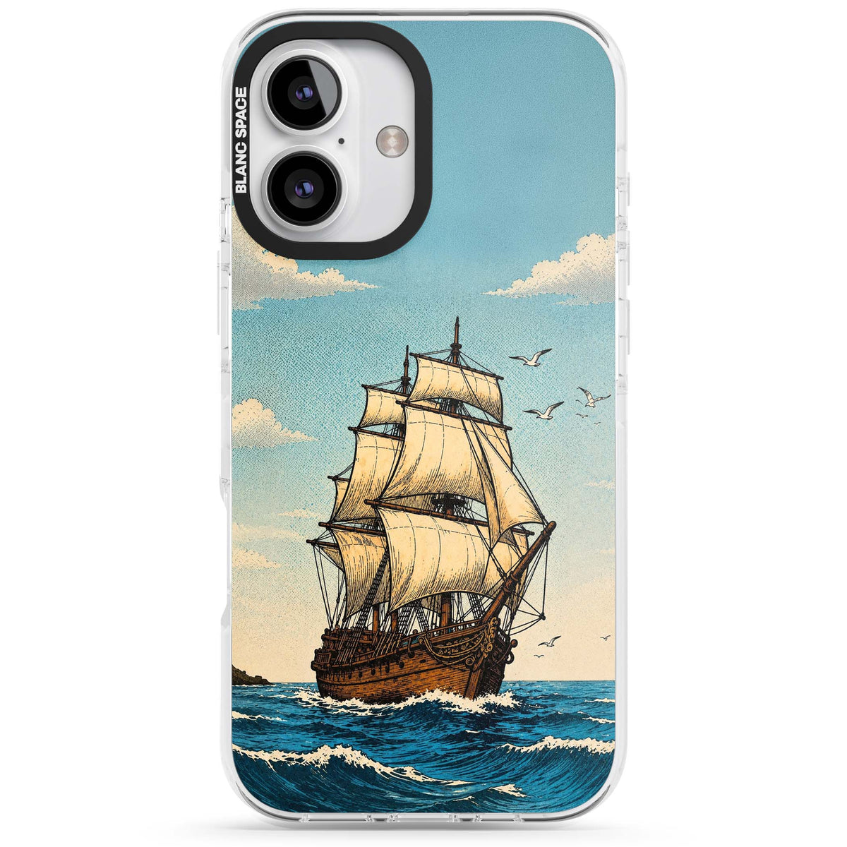 Ship at Sea nautical iPhone case featuring a vintage tall ship, ocean waves and seagulls | Impact Magsafe case for iPhone 16, iPhone 16 Plus