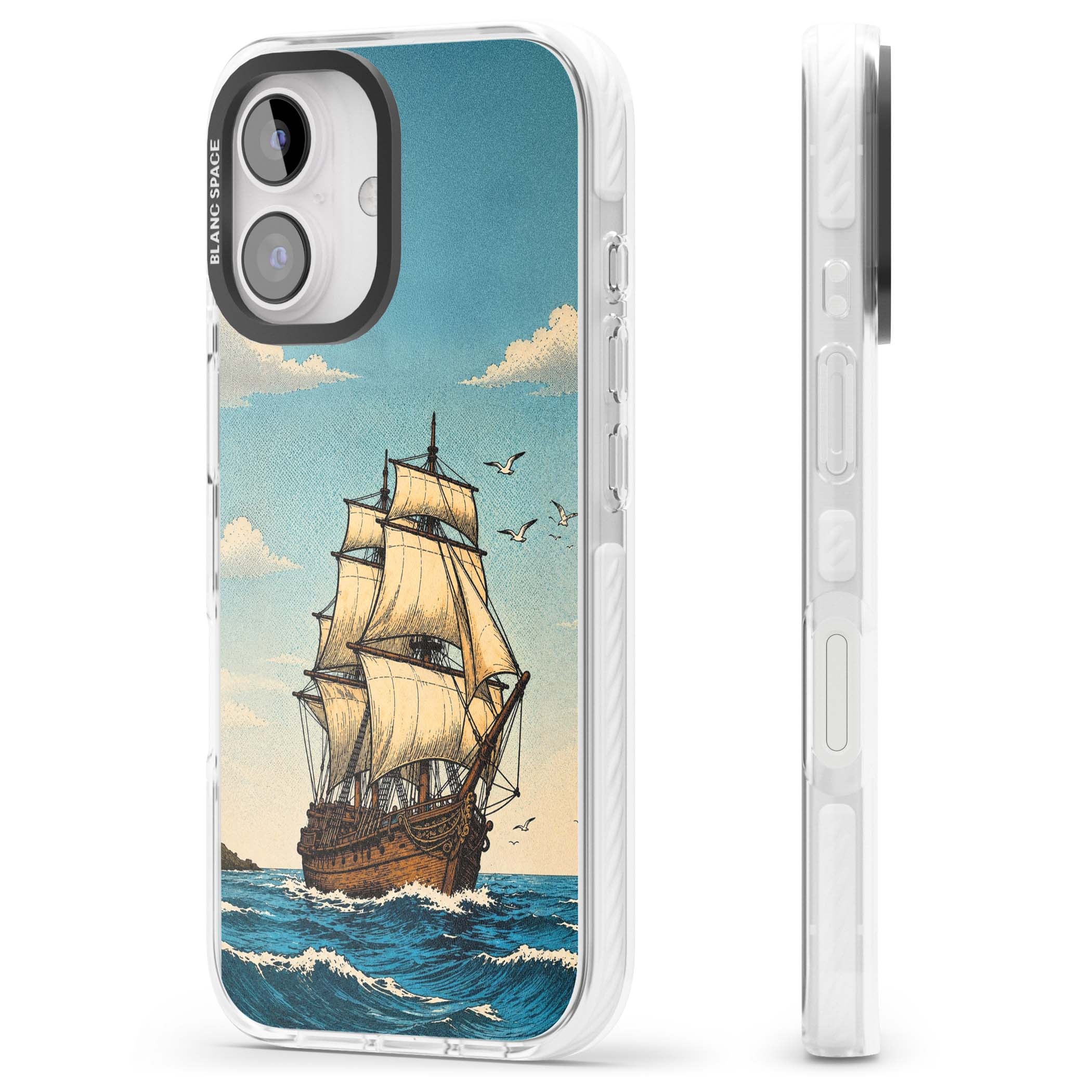 Ship at Sea nautical iPhone case featuring a vintage tall ship, ocean waves and seagulls | Impact Magsafe case for iPhone 16, iPhone 16 Plus