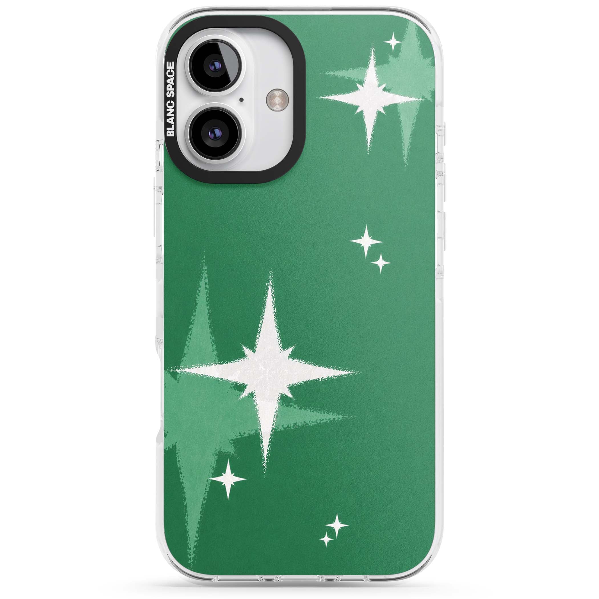 Green Sparkle celestial iPhone case featuring sparkling white four-point stars on a deep green background | Impact Magsafe case for iPhone 16, iPhone 16 Plus