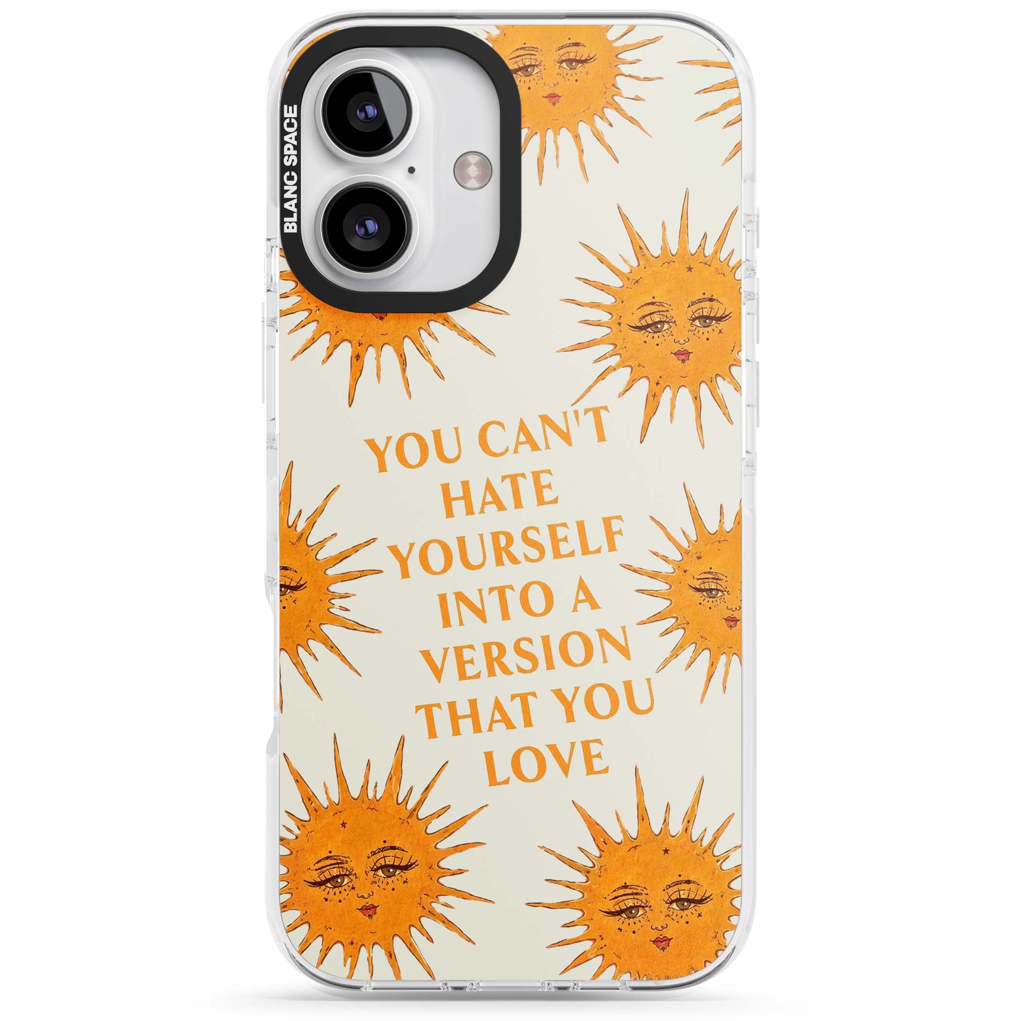 Don't Hate Yourself celestial iPhone case featuring vintage sun faces, ochre rays and a self-love quote | Impact Magsafe case for iPhone 16, iPhone 16 Plus