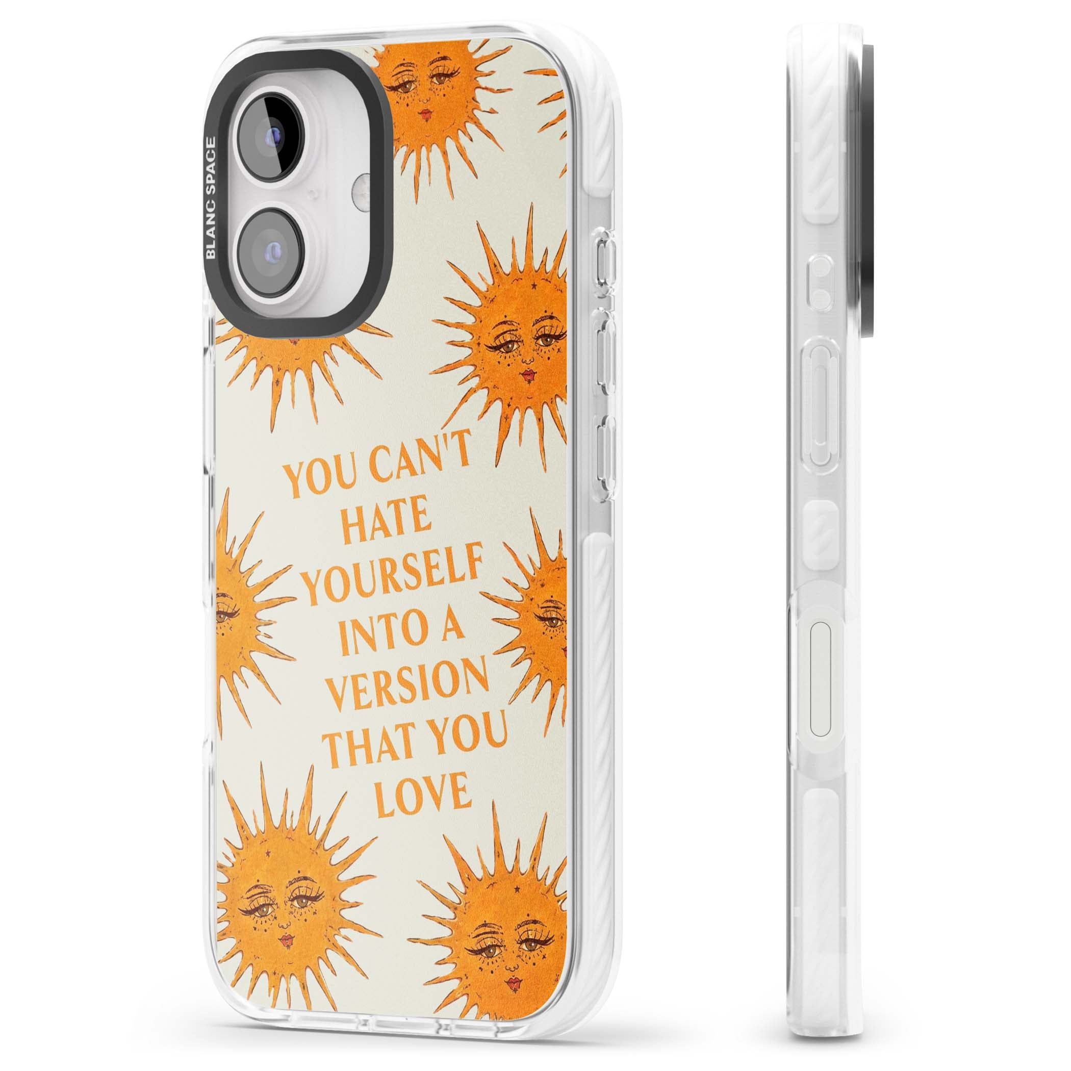 Don't Hate Yourself celestial iPhone case featuring vintage sun faces, ochre rays and a self-love quote | Impact Magsafe case for iPhone 16, iPhone 16 Plus