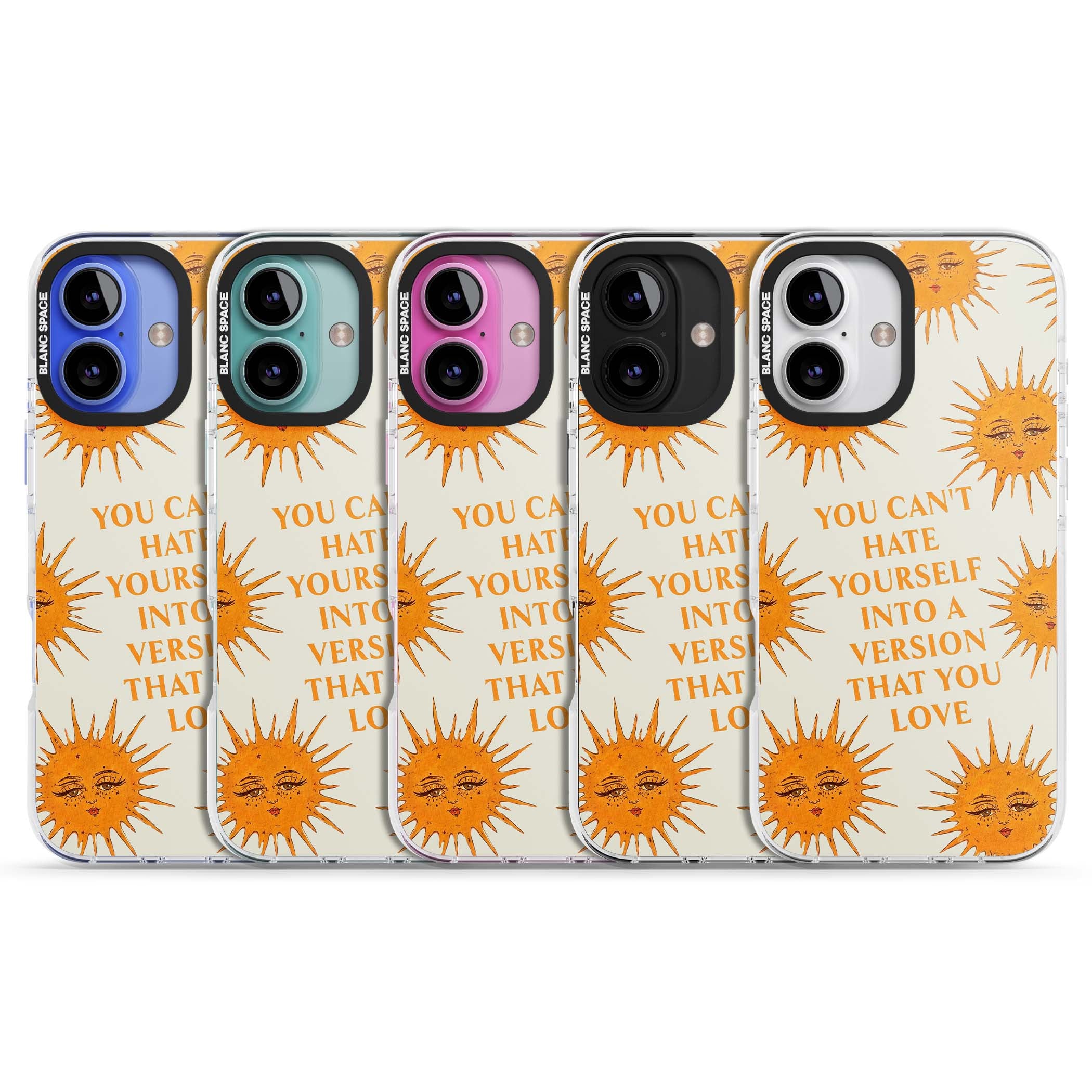Don't Hate Yourself celestial iPhone case featuring vintage sun faces, ochre rays and a self-love quote | Impact Magsafe case for iPhone 16, iPhone 16 Plus