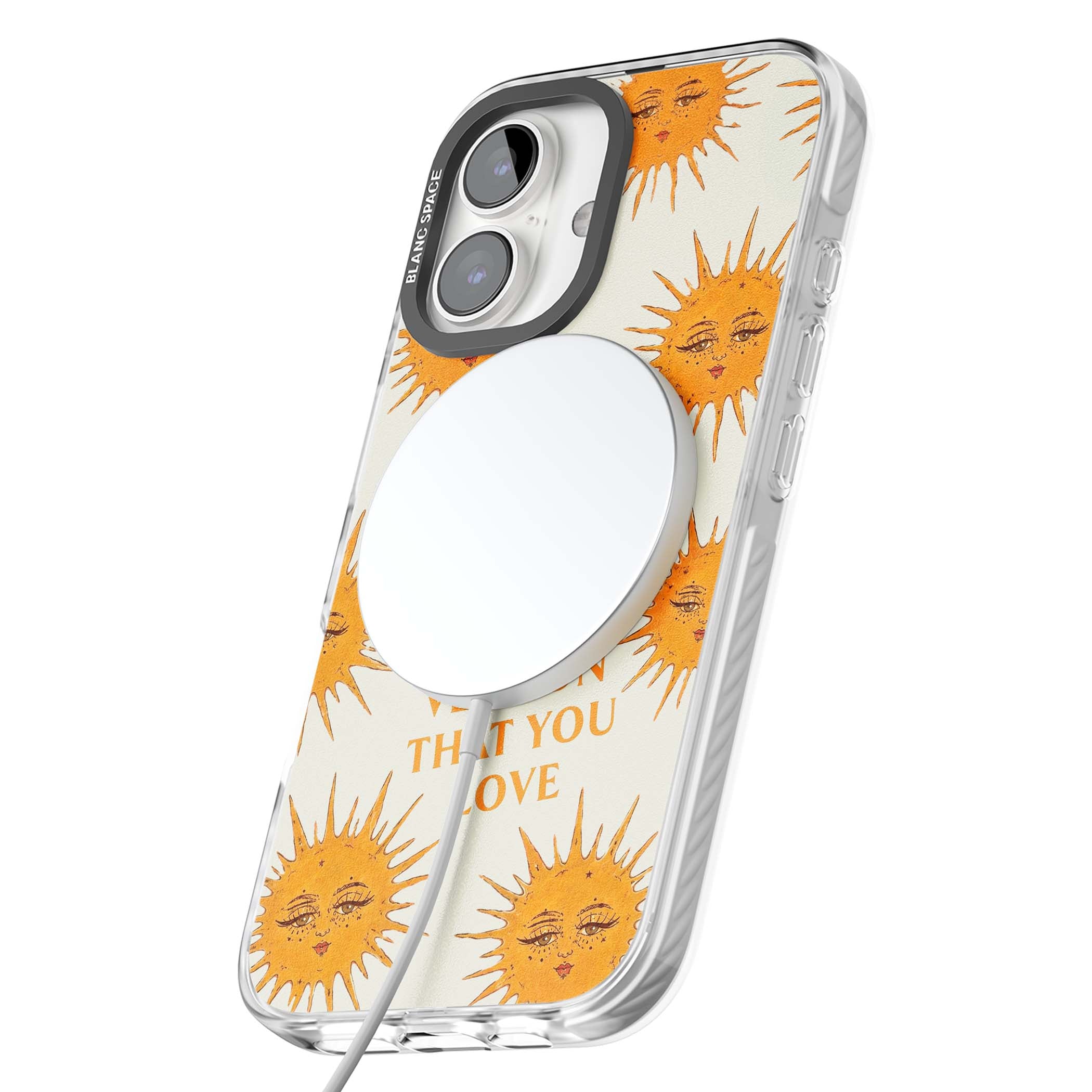 Don't Hate Yourself celestial iPhone case featuring vintage sun faces, ochre rays and a self-love quote | Impact Magsafe case for iPhone 16, iPhone 16 Plus
