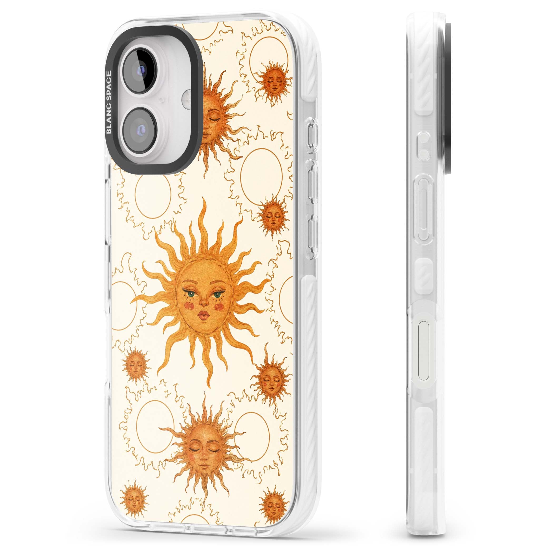 Solstice Muse celestial iPhone case featuring hand-painted golden sun faces, closed-eye sun goddesses and outlined moons... | Impact Magsafe case for iPhone 16, iPhone 16 Plus