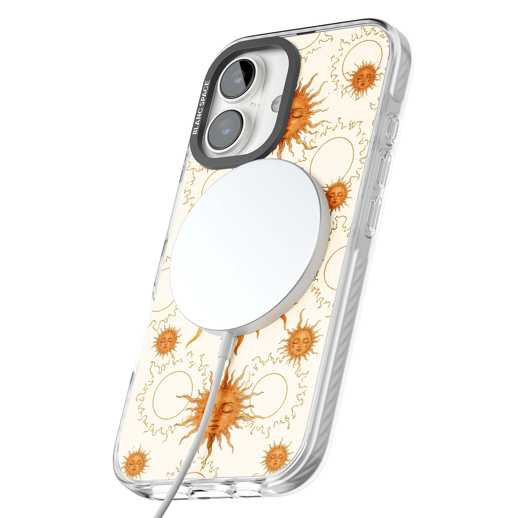 Solstice Muse celestial iPhone case featuring hand-painted golden sun faces, closed-eye sun goddesses and outlined moons... | Impact Magsafe case for iPhone 16, iPhone 16 Plus
