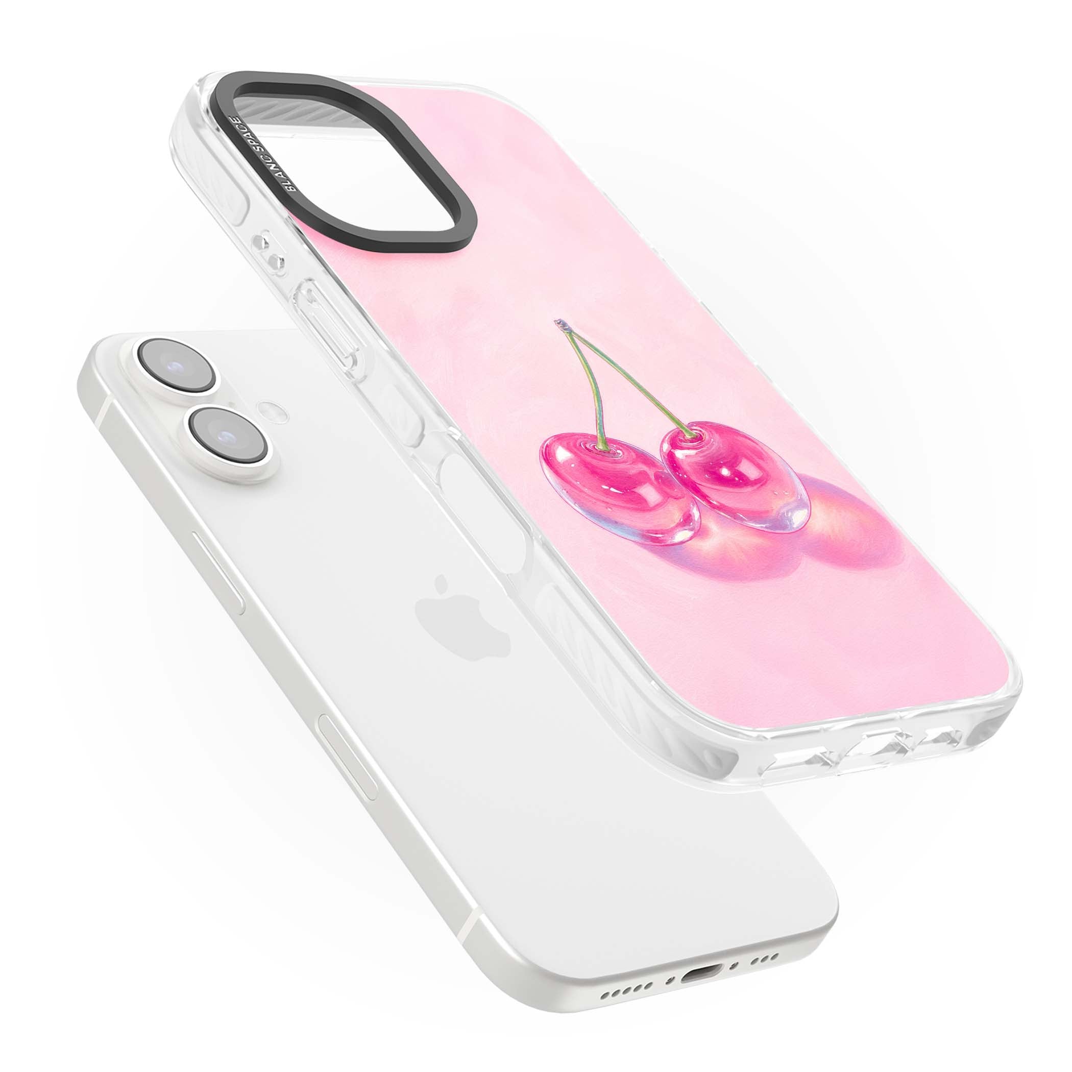 Pink Glass Cherry coquette iPhone case featuring two glossy painted cherries on a soft pink background | Impact Magsafe case for iPhone 16, iPhone 16 Plus