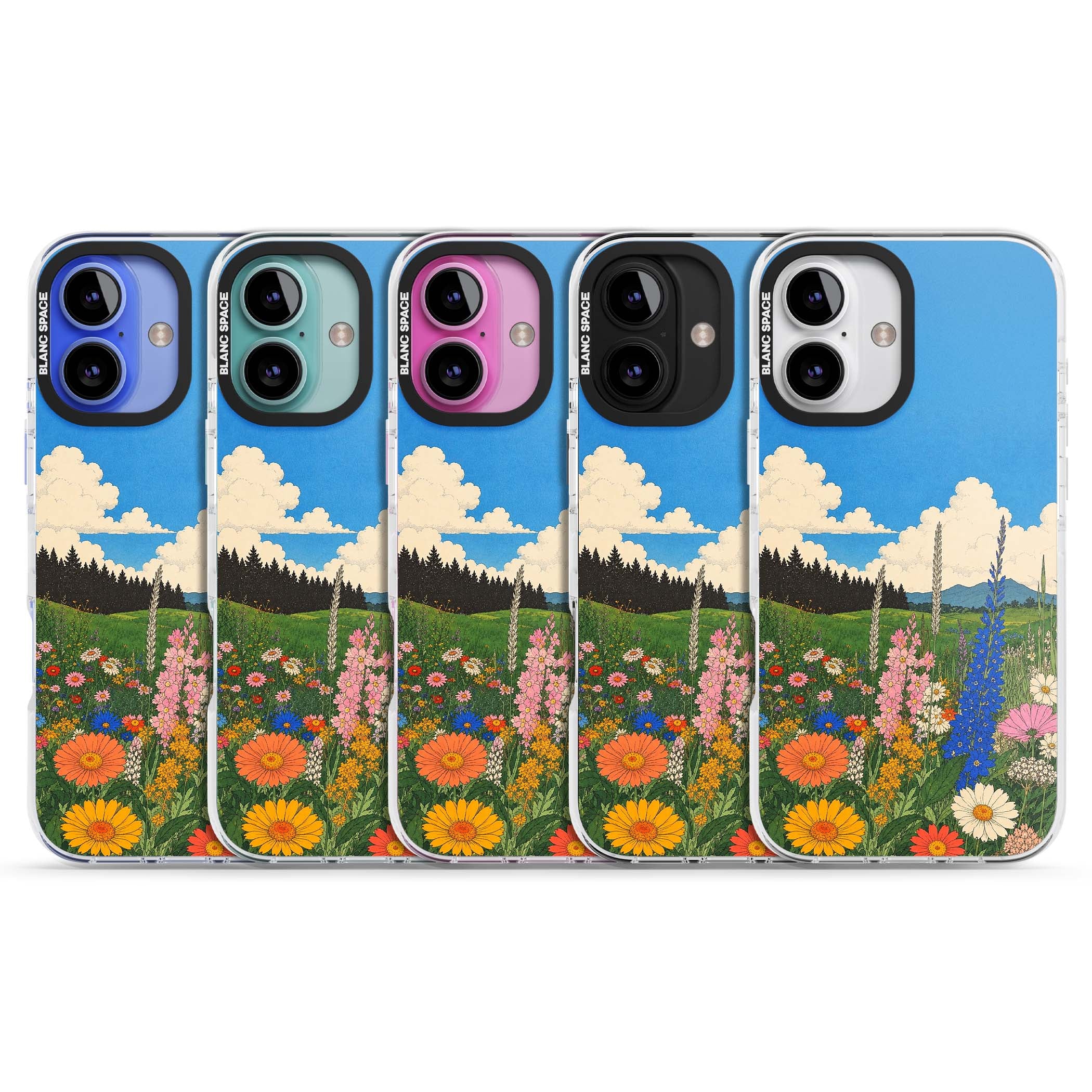 Wildbloom wildflower iPhone case featuring a vintage Japanese-style meadow landscape with daisies, delphiniums and moun | Impact Magsafe case for iPhone 16, iPhone 16 Plus