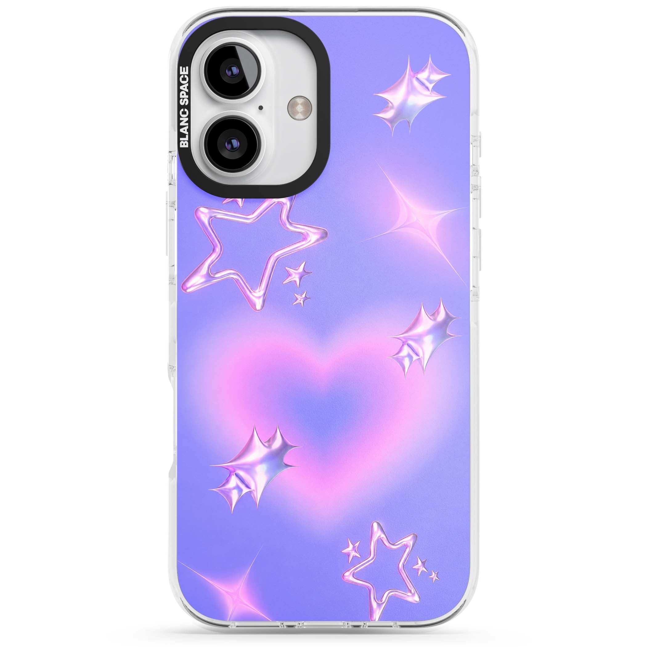 Soft Sugar Y2K iPhone case featuring iridescent chrome hearts, metallic pink stars and a lavender gradient sky | Impact Magsafe case for iPhone 16, iPhone 16 Plus