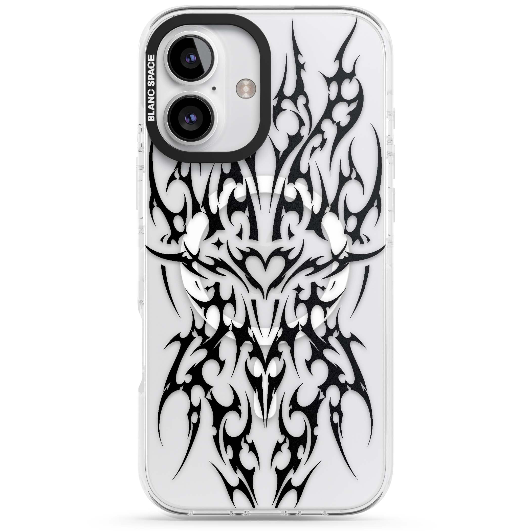 Neo Tribal Heart gothic iPhone case featuring symmetrical black tribal tattoo art with sharp thorn-like linework | Impact Magsafe case for iPhone 16, iPhone 16 Plus