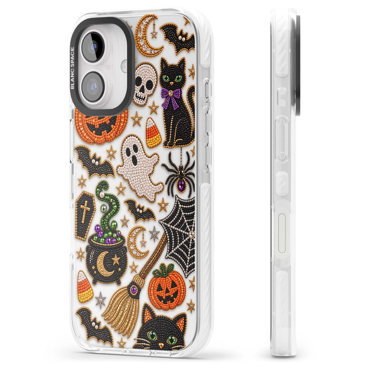 Beaded Halloween Halloween iPhone case featuring beaded pumpkins, ghosts, black cats and bats | Clear Impact case for iPhone 16, iPhone 16 Plus