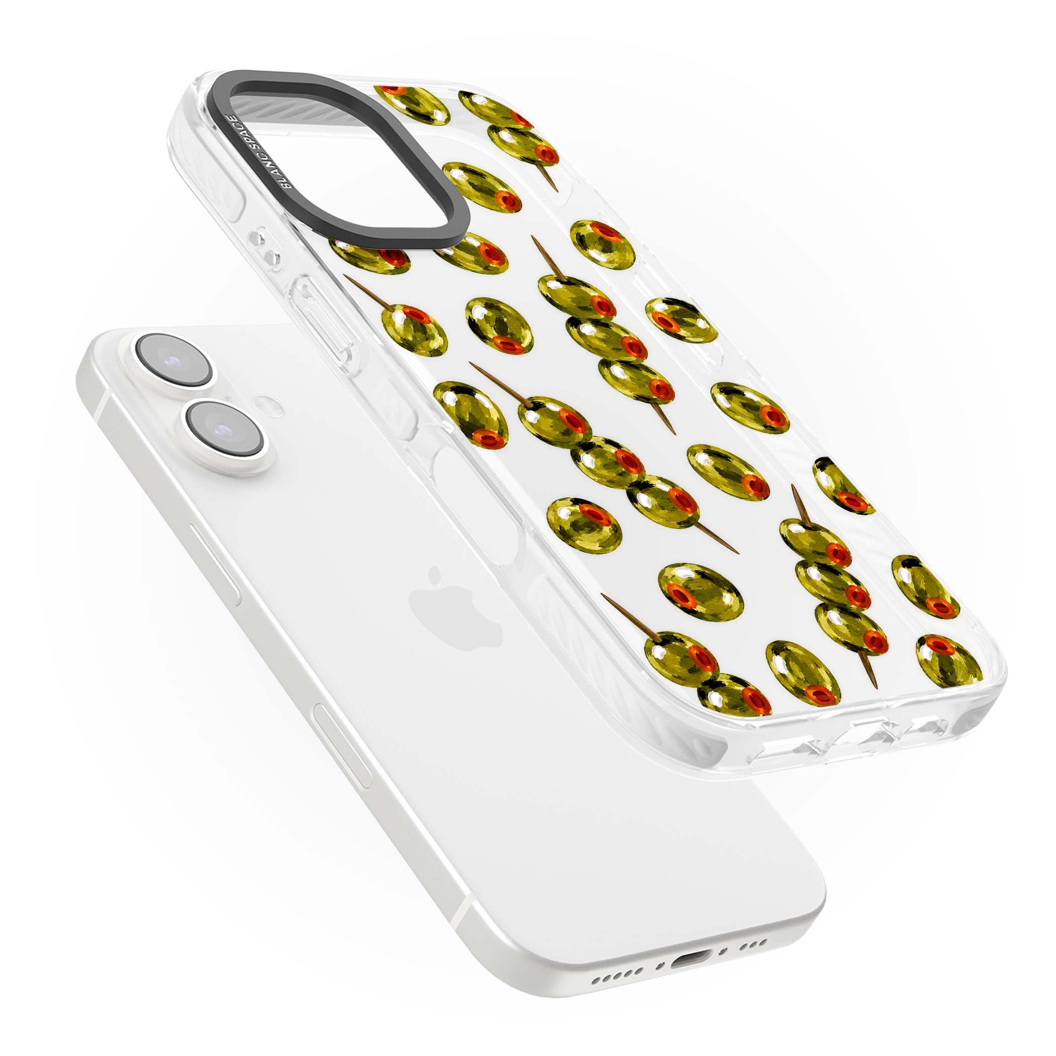 Painted Olives cocktail iPhone case featuring green olives, pimento centres and toothpick skewers on a clear background | Clear Impact case for iPhone 16, iPhone 16 Plus