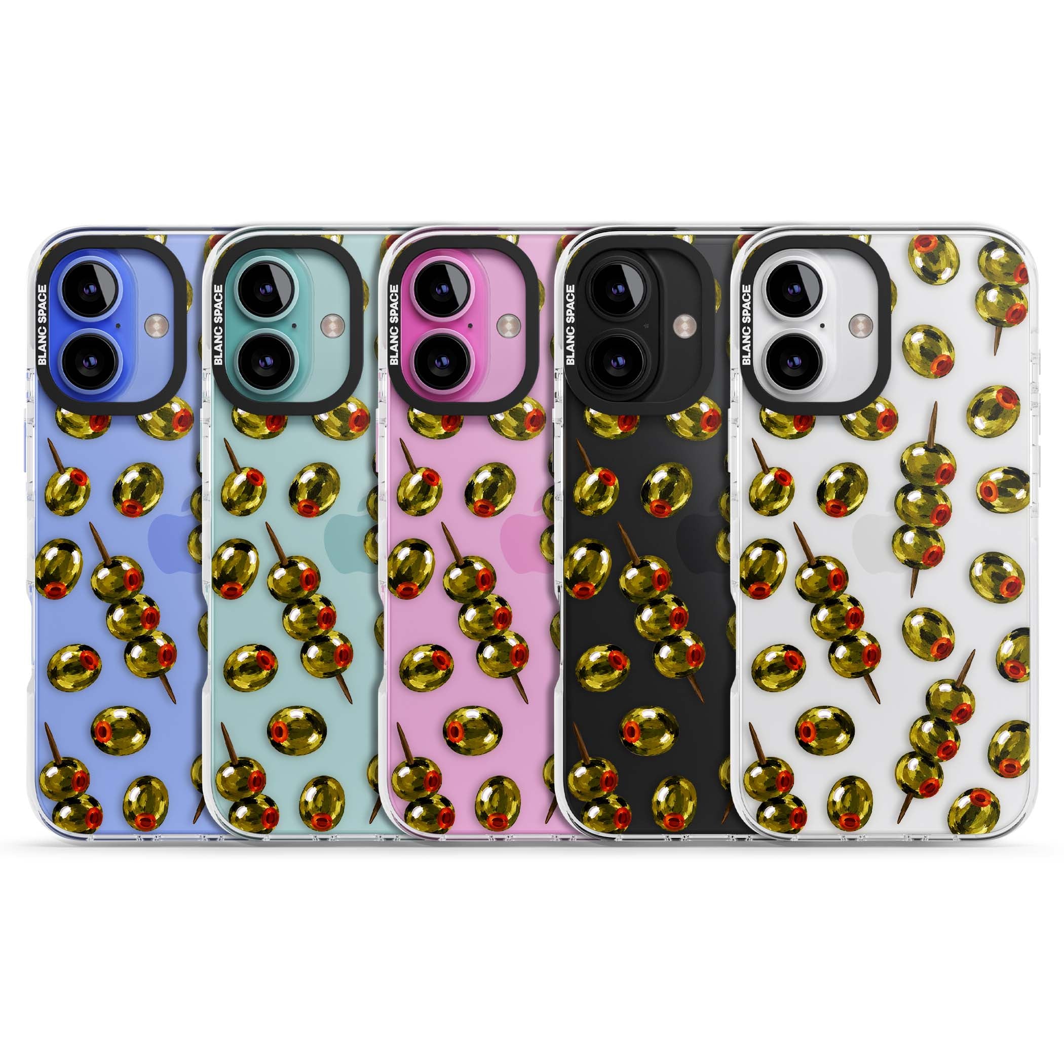 Painted Olives cocktail iPhone case featuring green olives, pimento centres and toothpick skewers on a clear background | Clear Impact case for iPhone 16, iPhone 16 Plus