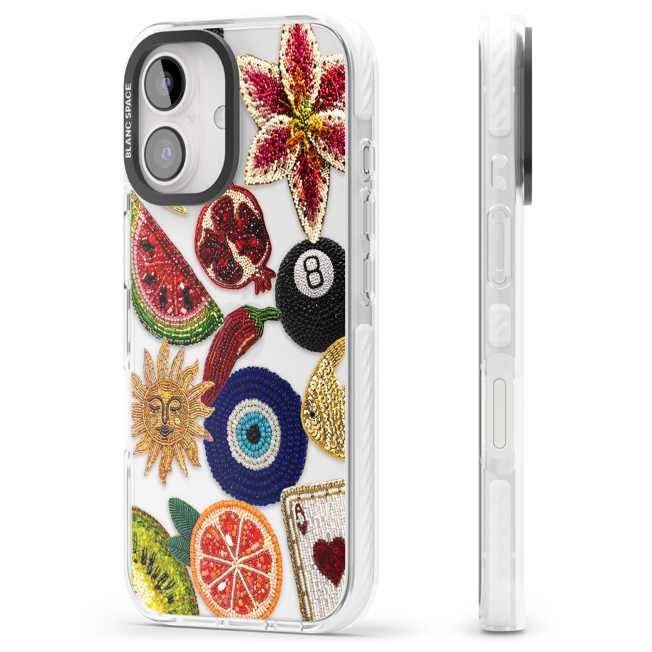 Beaded Charms embroidery iPhone case featuring beaded evil eye, fruit patches and a golden sun motif | Clear Impact case for iPhone 16, iPhone 16 Plus