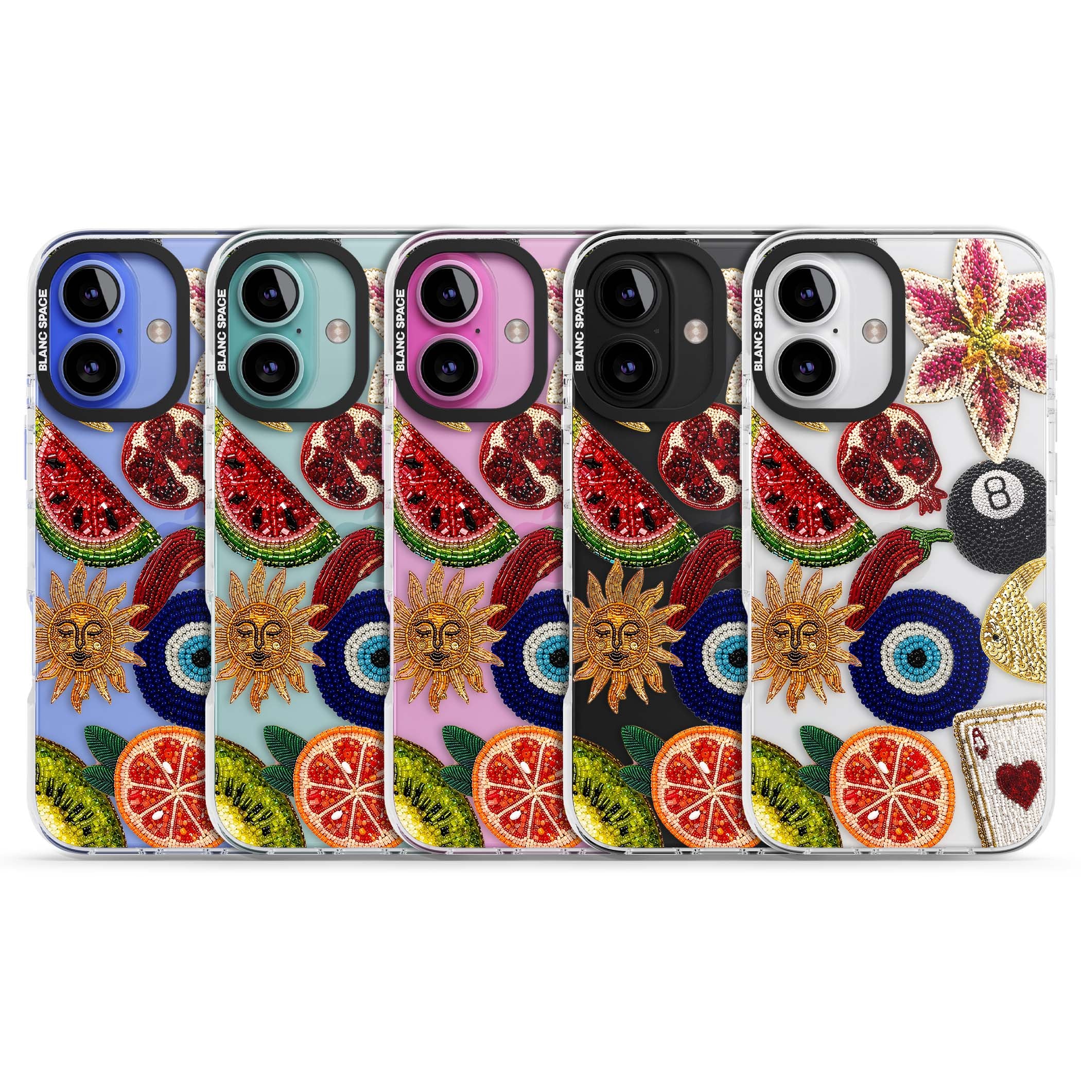 Beaded Charms embroidery iPhone case featuring beaded evil eye, fruit patches and a golden sun motif | Clear Impact case for iPhone 16, iPhone 16 Plus