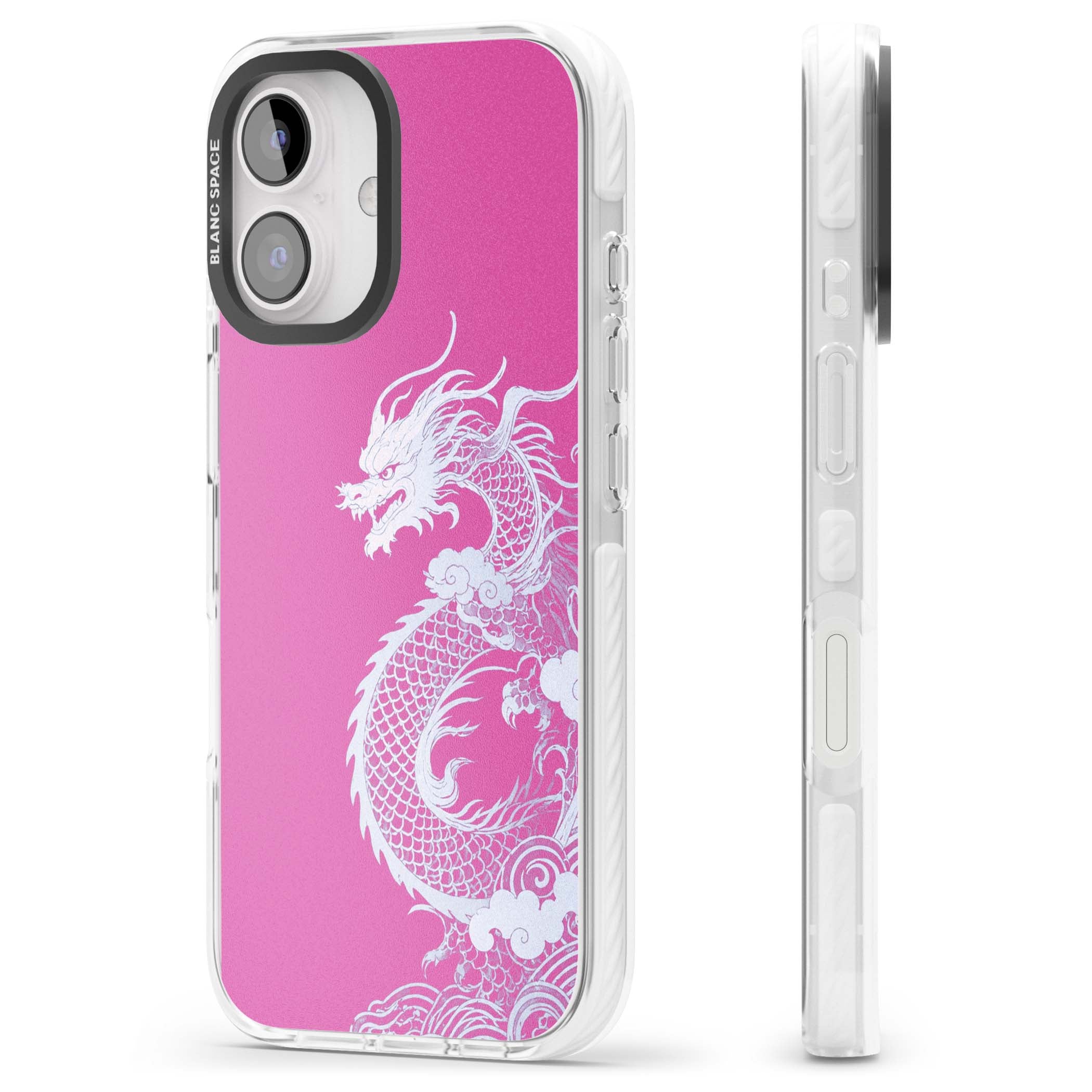Pink Empress chinese dragon iPhone case featuring a white dragon, swirling clouds and pink dragon wallpaper backdrop | Clear Impact case for iPhone 16, iPhone 16 Plus
