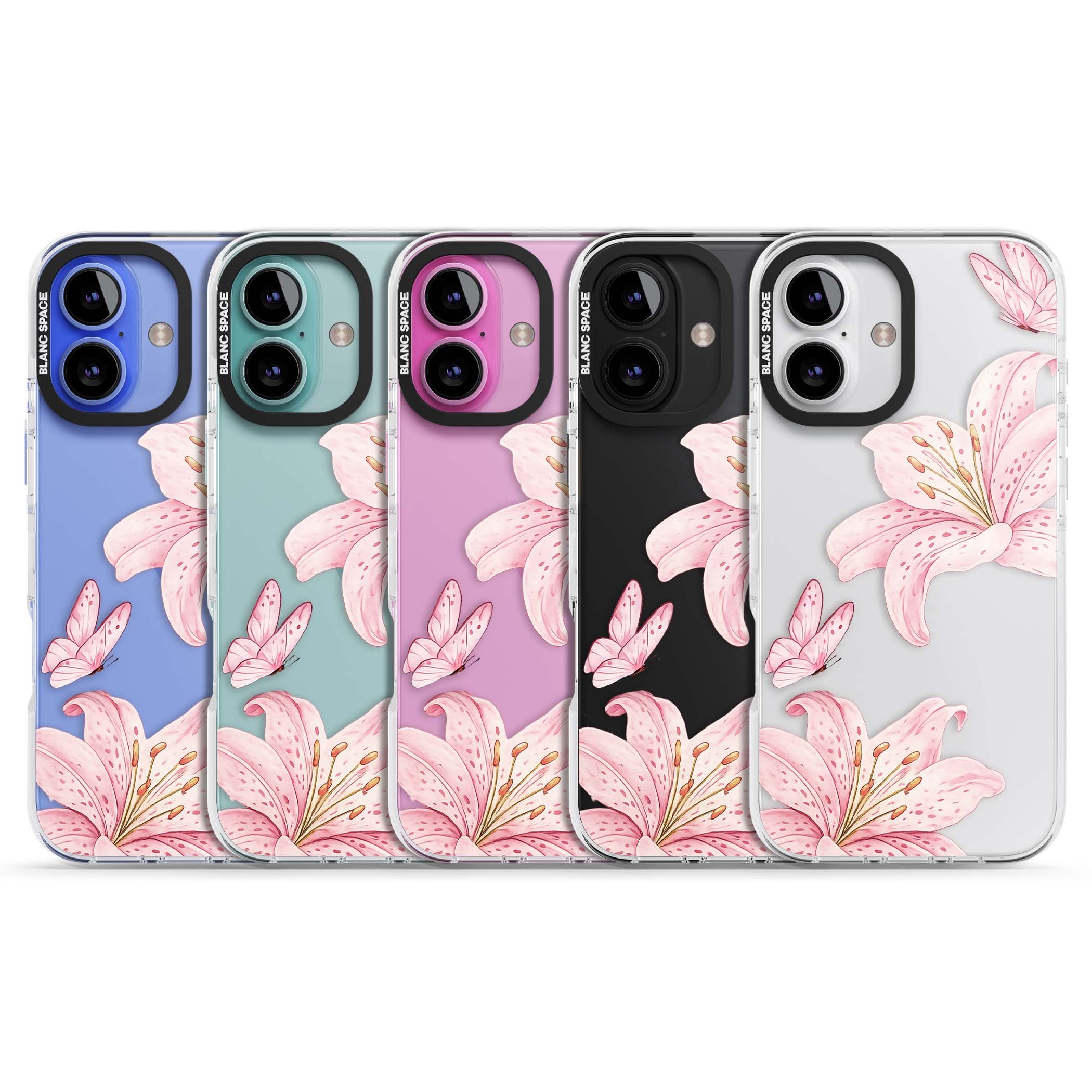 Lily Whisper floral iPhone case featuring pink watercolour lilies and delicate butterflies on a clear background | Clear Impact case for iPhone 16, iPhone 16 Plus