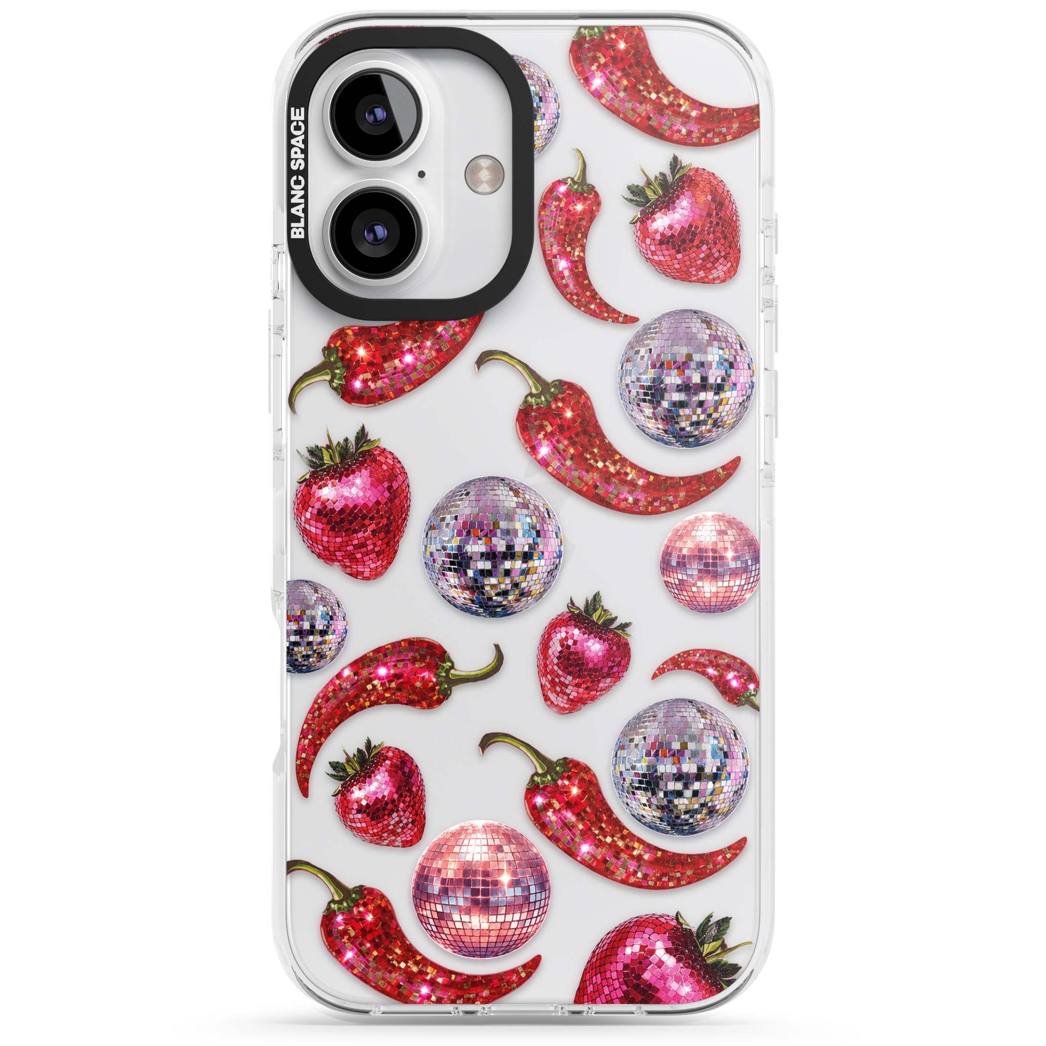 Spicy Disco Y2K iPhone case featuring glitter disco balls, sparkly strawberries and red chilli peppers | Clear Impact case for iPhone 16, iPhone 16 Plus