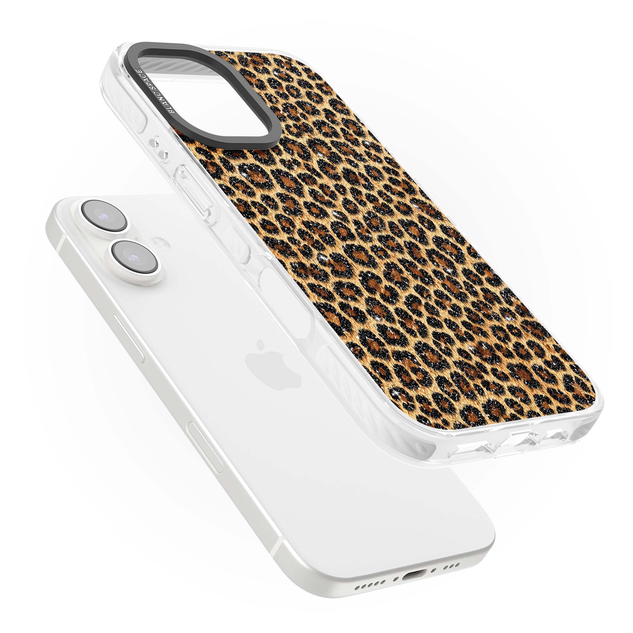 Diamond Leopard leopard print iPhone case featuring golden tan fur, black rosette spots and subtle glitter sparkle | Clear Impact case for iPhone 16, iPhone 16 Plus